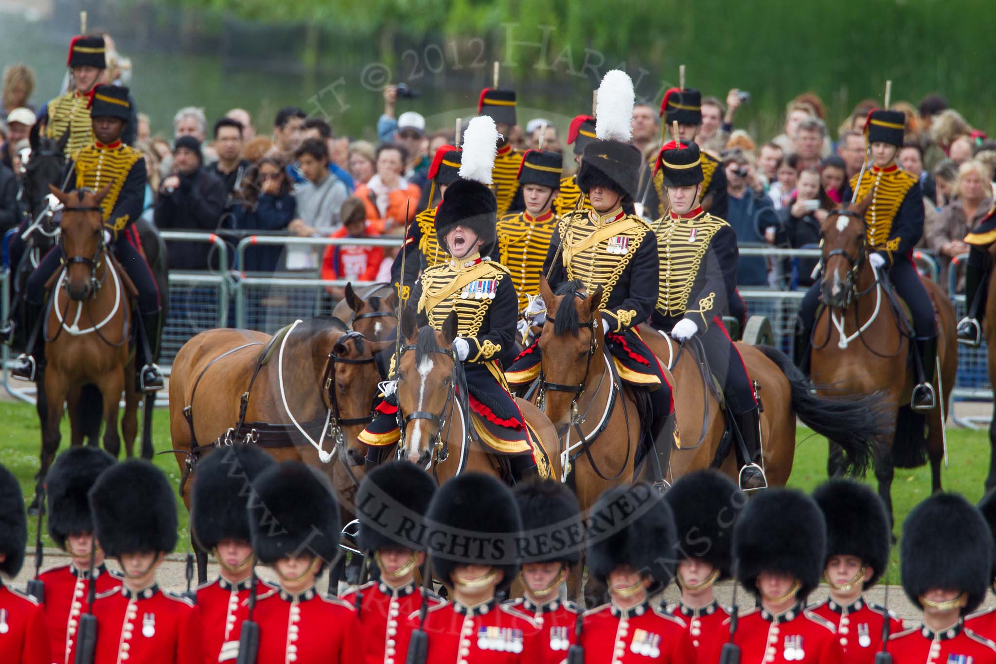 The Colonel's Review 2012: The King's Troop Royal Horse Artillery arriving at the St James's Park side of Horse Guards Parade, behind the lines of guardsmen from No. 1 and No. 2 Guard..
Horse Guards Parade, Westminster,
London SW1,

United Kingdom,
on 09 June 2012 at 10:42, image #108