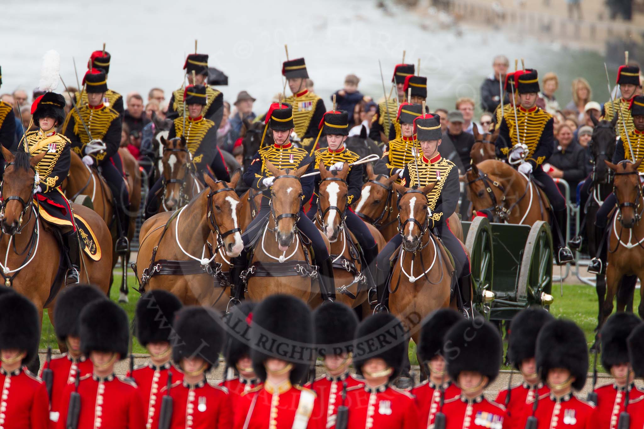 The Colonel's Review 2012: The King's Troop Royal Horse Artillery arriving at the St James's Park side of Horse Guards Parade, behind the lines of guardsmen from No. 1 and No. 2 Guard..
Horse Guards Parade, Westminster,
London SW1,

United Kingdom,
on 09 June 2012 at 10:42, image #109