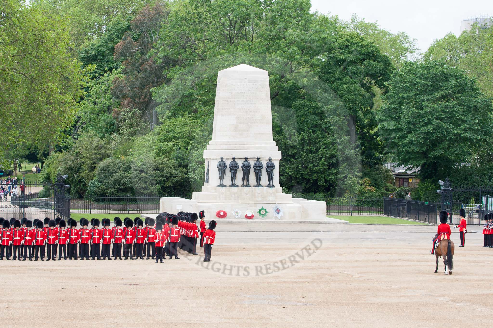 The Colonel's Review 2012: The Northern (St James's Park) side of Horse Guards Parade, with a gap opened by the line of guardsmen, in front of the Guards Memorial, for the Royal guests to arrive..
Horse Guards Parade, Westminster,
London SW1,

United Kingdom,
on 09 June 2012 at 10:42, image #111