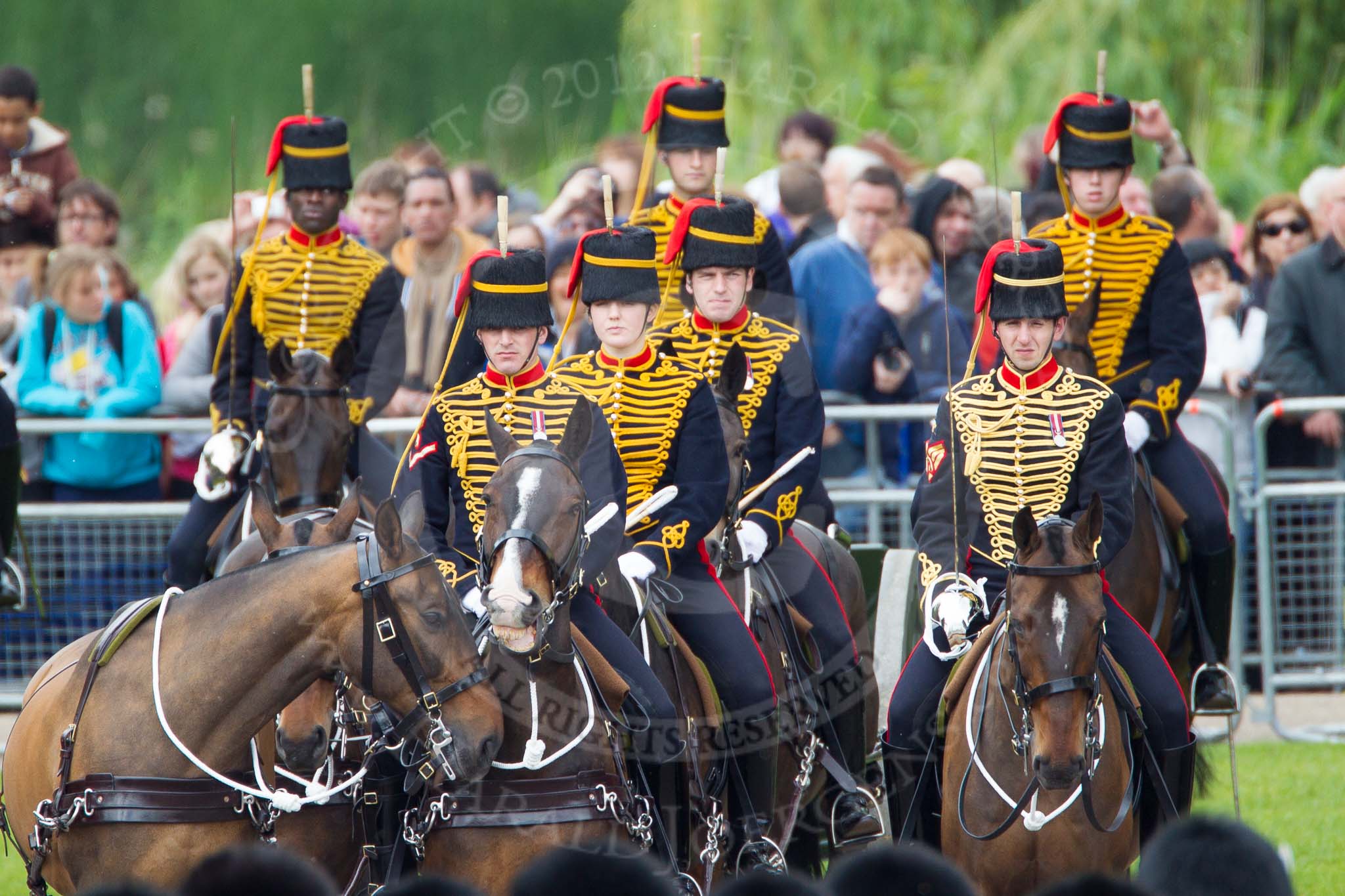 The Colonel's Review 2012: The King's Troop Royal Horse Artillery waiting that the Northern end of Horse Guards Parade, next to St James's Park and the spectators watching from there..
Horse Guards Parade, Westminster,
London SW1,

United Kingdom,
on 09 June 2012 at 10:51, image #128