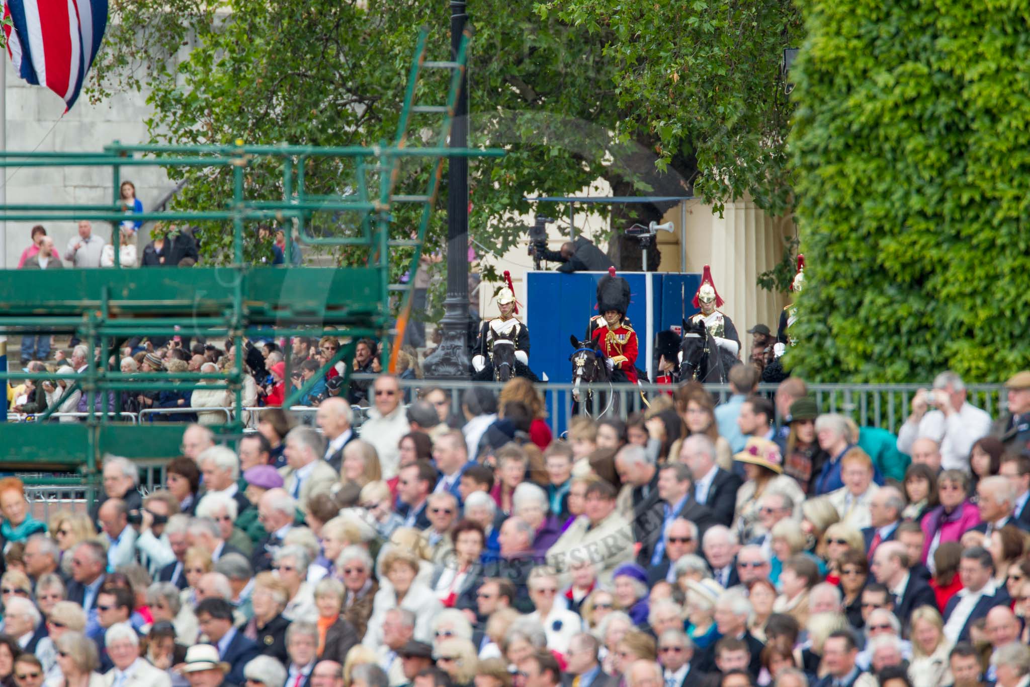 The Colonel's Review 2012: The "Royal Procession" arriving fro the Mall: Brigade Major Household Division Lieutenant Colonel A P Speed, Scots Guards, followed by
four Troopers of The Blues and Royals (Royal Horse Guards and 1st Dragoons)..
Horse Guards Parade, Westminster,
London SW1,

United Kingdom,
on 09 June 2012 at 10:53, image #129