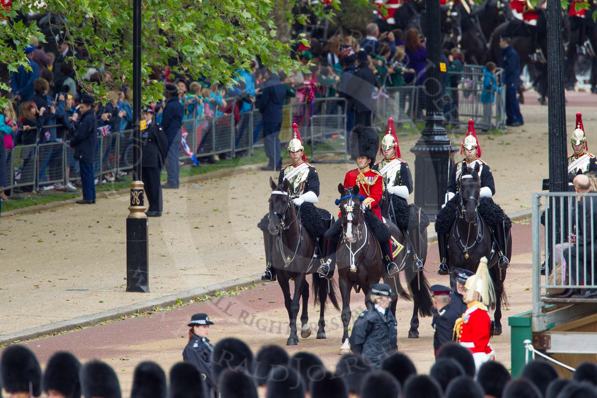 The Colonel's Review 2012: The "Royal Procession" arriving fro the Mall: Brigade Major Household Division Lieutenant Colonel A P Speed, Scots Guards, followed by
four Troopers of The Blues and Royals (Royal Horse Guards and 1st Dragoons)..
Horse Guards Parade, Westminster,
London SW1,

United Kingdom,
on 09 June 2012 at 10:54, image #130