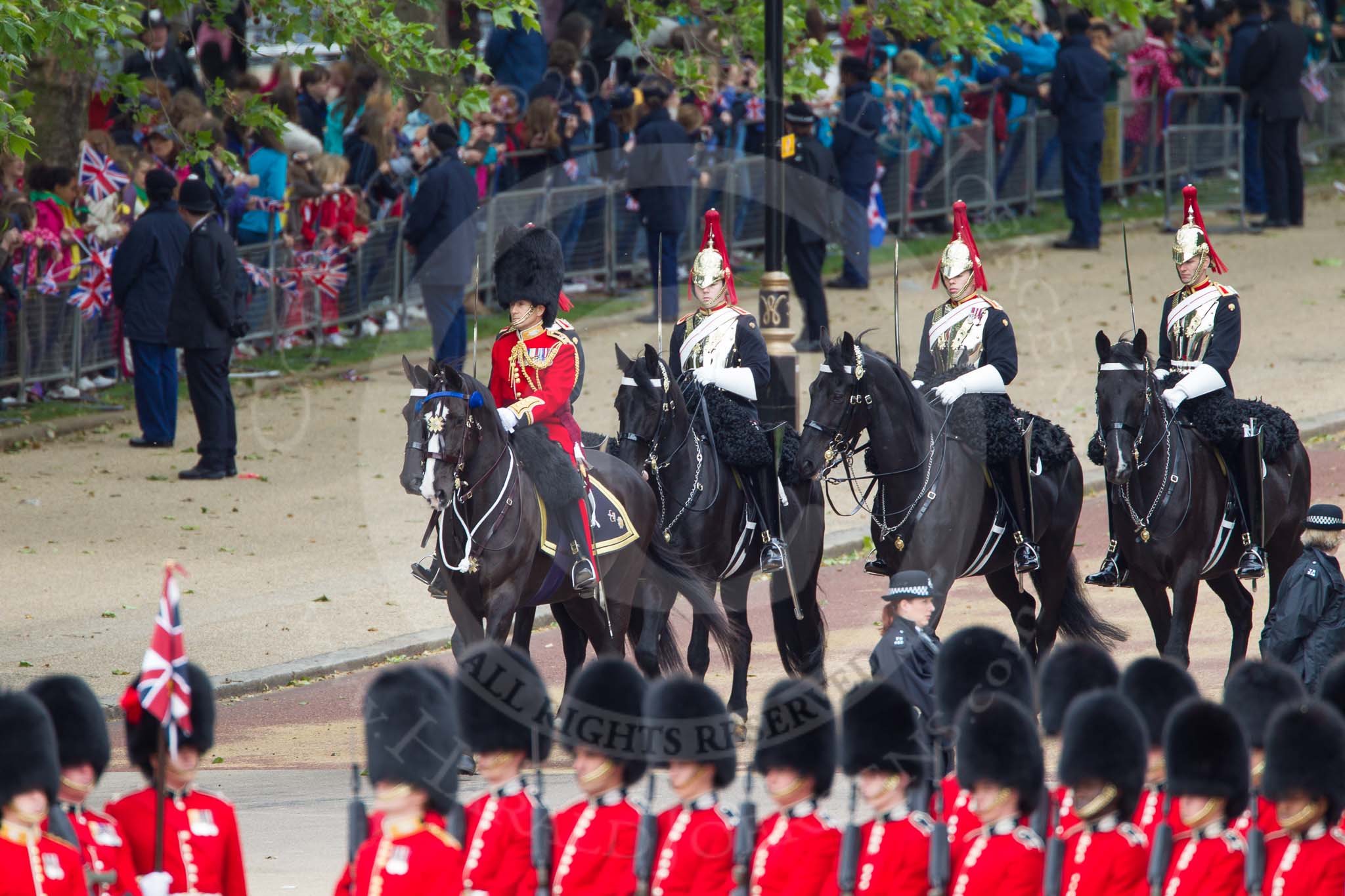 The Colonel's Review 2012: The "Royal Procession" arriving fro the Mall: Brigade Major Household Division Lieutenant Colonel A P Speed, Scots Guards, followed by
four Troopers of The Blues and Royals (Royal Horse Guards and 1st Dragoons)..
Horse Guards Parade, Westminster,
London SW1,

United Kingdom,
on 09 June 2012 at 10:54, image #131