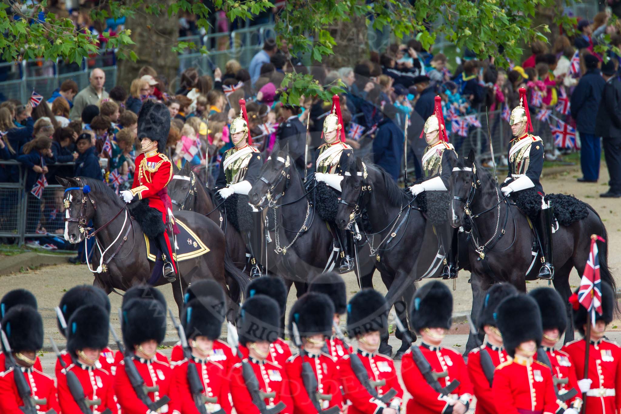 The Colonel's Review 2012: The "Royal Procession" arriving fro the Mall: Brigade Major Household Division Lieutenant Colonel A P Speed, Scots Guards, followed by
four Troopers of The Blues and Royals (Royal Horse Guards and 1st Dragoons)..
Horse Guards Parade, Westminster,
London SW1,

United Kingdom,
on 09 June 2012 at 10:54, image #132