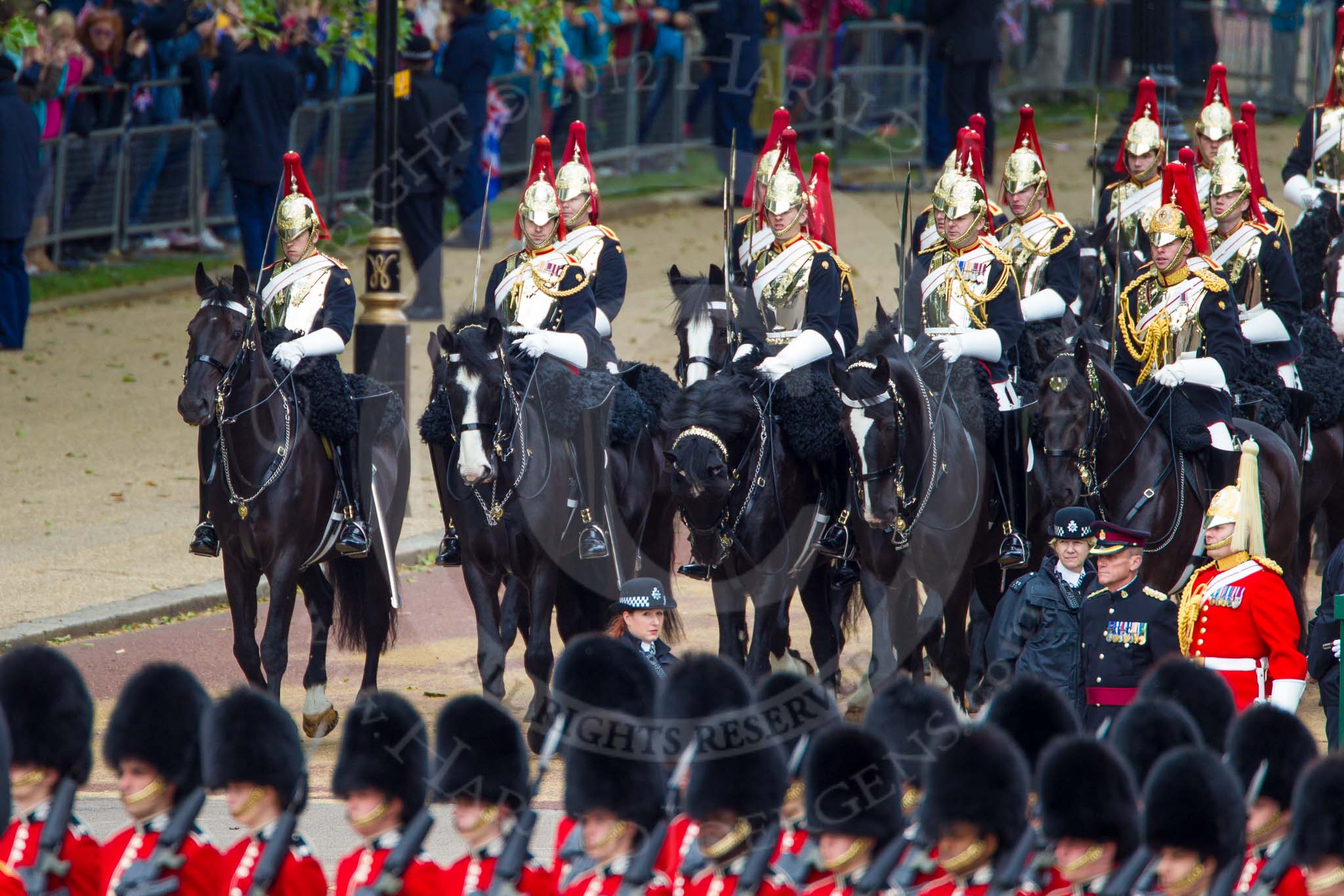 The Colonel's Review 2012: The first divisions of the Sovereign’s Escort, the Blues and Royals, arriving at Horse Guards Parade..
Horse Guards Parade, Westminster,
London SW1,

United Kingdom,
on 09 June 2012 at 10:56, image #138