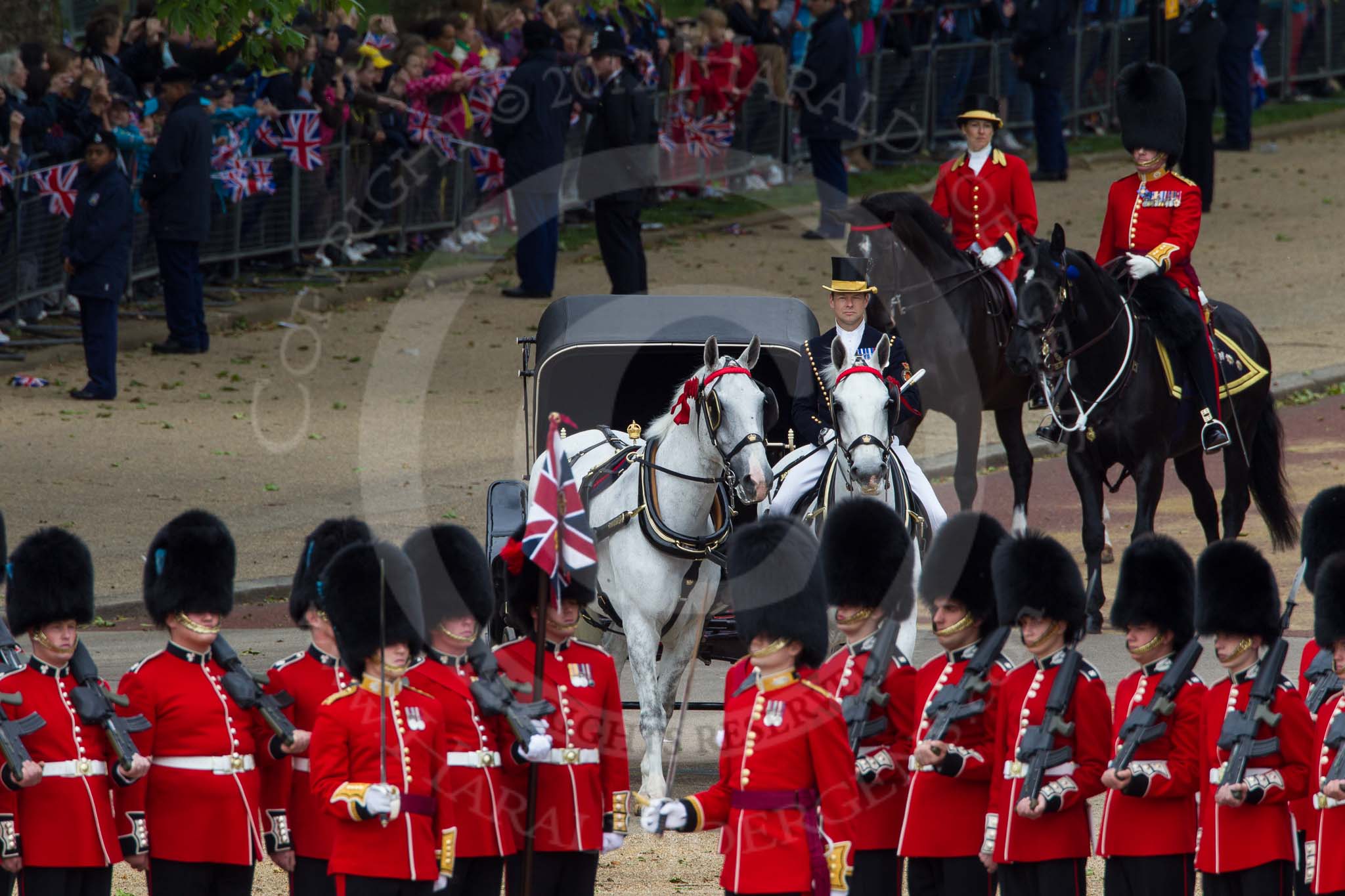 The Colonel's Review 2012: Coachman Jack Hargreaves with the two Windsor Grey horses that would be pulling the ivory-mounted Phaeton with HM The Queen during the "real" parade..
Horse Guards Parade, Westminster,
London SW1,

United Kingdom,
on 09 June 2012 at 10:56, image #142