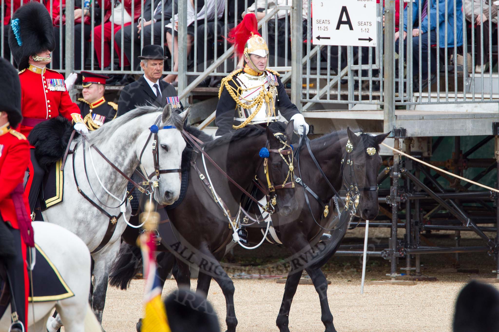 The Colonel's Review 2012: Representing the Royal Colonels (guessing here!): On the left, a Captain of the Irish Guards, riding the horse of the Duke of Cambridge, in the middle the Queen's Stud Groom, riding the Prince of Wales's horse, and on the right a Lieutenant Colonel of the Blues and Royal, riding the horse of the Princess Royal..
Horse Guards Parade, Westminster,
London SW1,

United Kingdom,
on 09 June 2012 at 10:57, image #148
