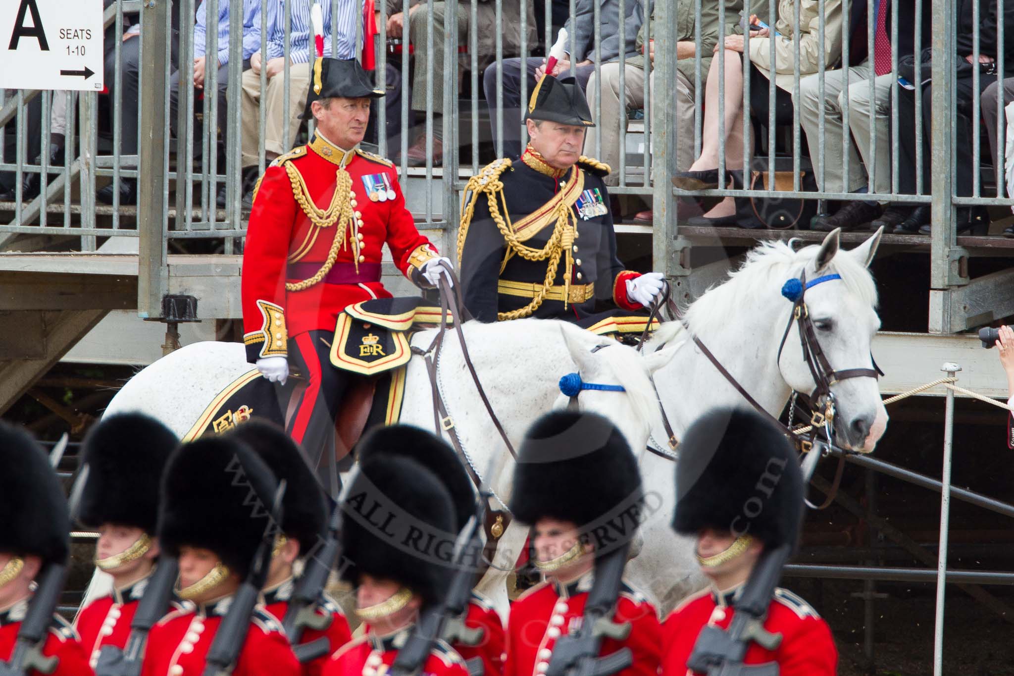 The Colonel's Review 2012: The Crown Equerry and Equerry in Waiting to Her Majesty: With the black uniform Colonel W T Browne, with the red uniform Lieutenant Colonel A F Matheson of Matheson, yr..
Horse Guards Parade, Westminster,
London SW1,

United Kingdom,
on 09 June 2012 at 10:57, image #149