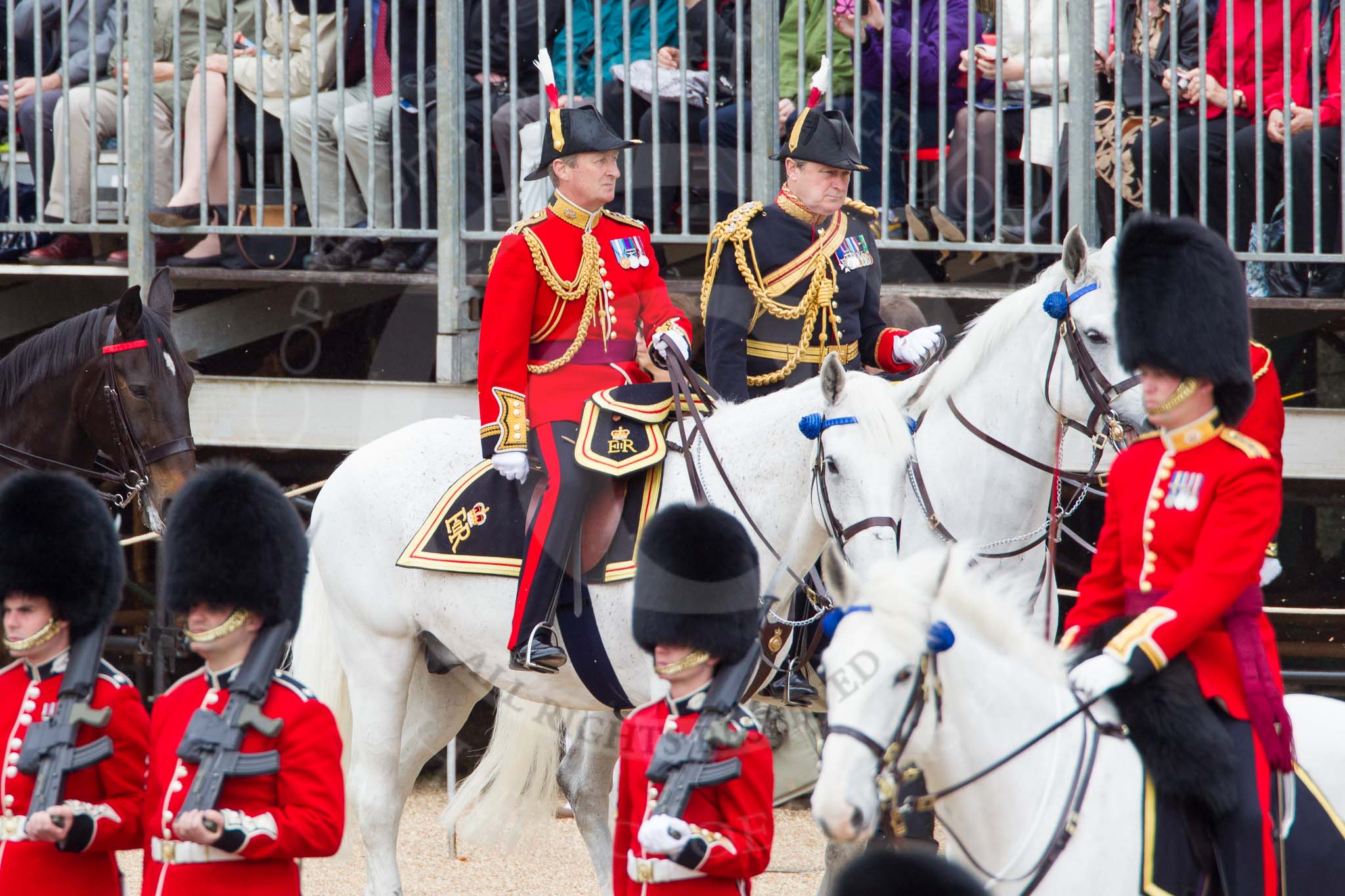 The Colonel's Review 2012: The Crown Equerry and Equerry in Waiting to Her Majesty: With the black uniform Colonel W T Browne, with the red uniform Lieutenant Colonel A F Matheson of Matheson, yr..
Horse Guards Parade, Westminster,
London SW1,

United Kingdom,
on 09 June 2012 at 10:57, image #150