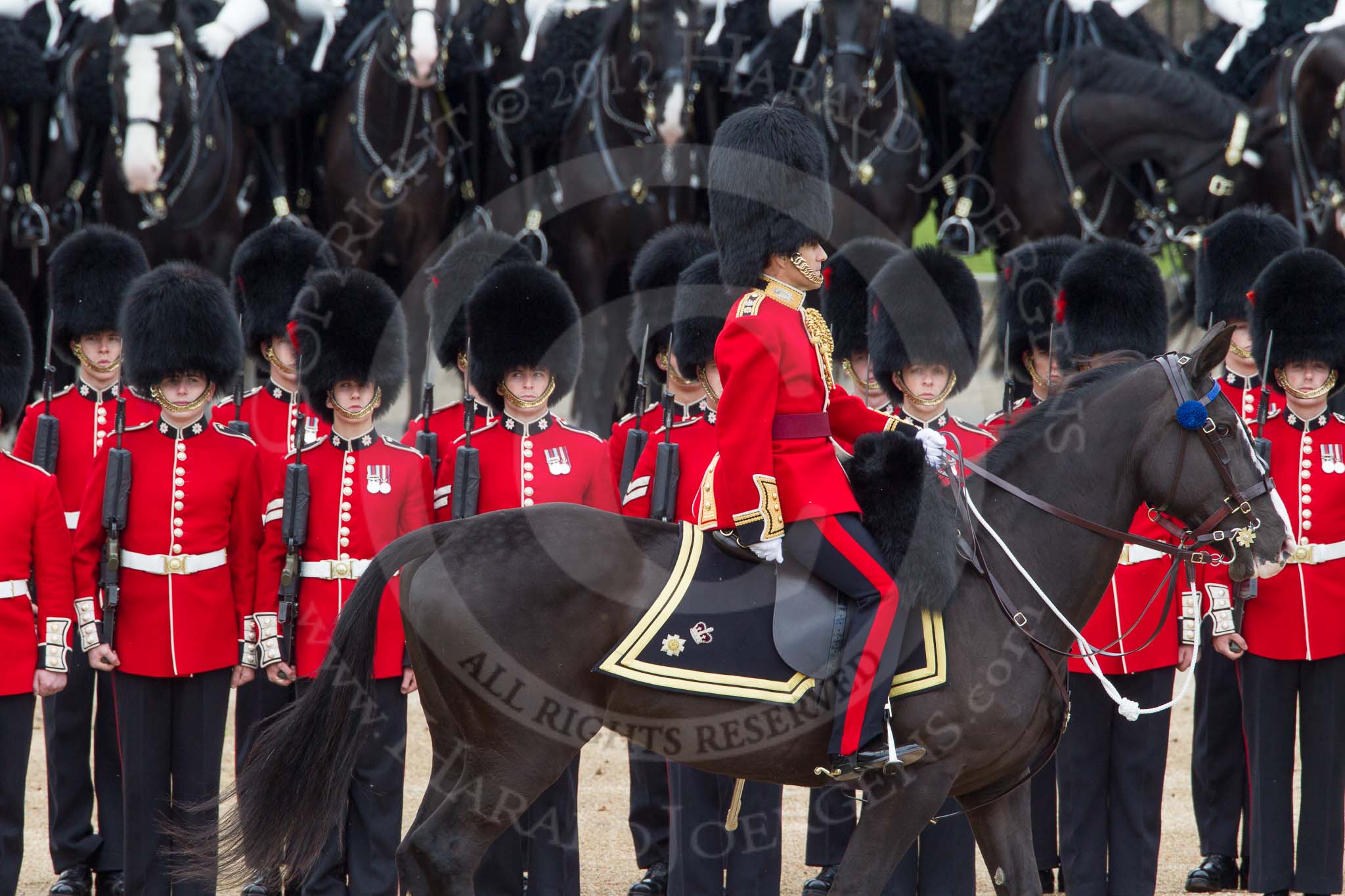 The Colonel's Review 2012: Leading the Inspection of the Line as head of the Royal Procession, Brigade Major Household Division Lieutenant Colonel A P Speed, Scots Guards..
Horse Guards Parade, Westminster,
London SW1,

United Kingdom,
on 09 June 2012 at 11:00, image #170