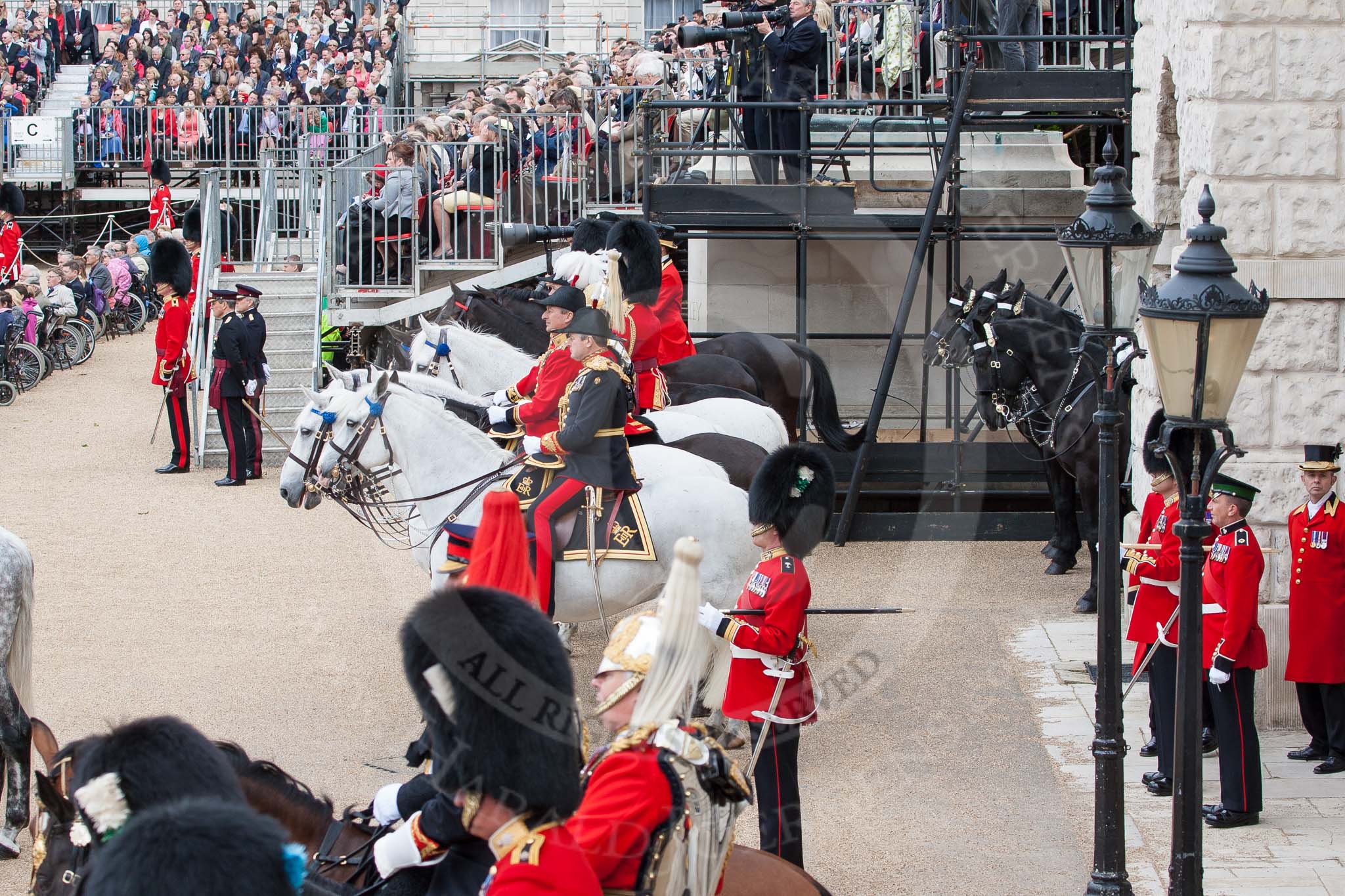 The Colonel's Review 2012: The Horse Guards Arch side of the parade ground, with the members of the "Royal Procession" in position. On foot, in the centre, GSM 'Billy' Mott, Welsh Guards..
Horse Guards Parade, Westminster,
London SW1,

United Kingdom,
on 09 June 2012 at 11:08, image #220