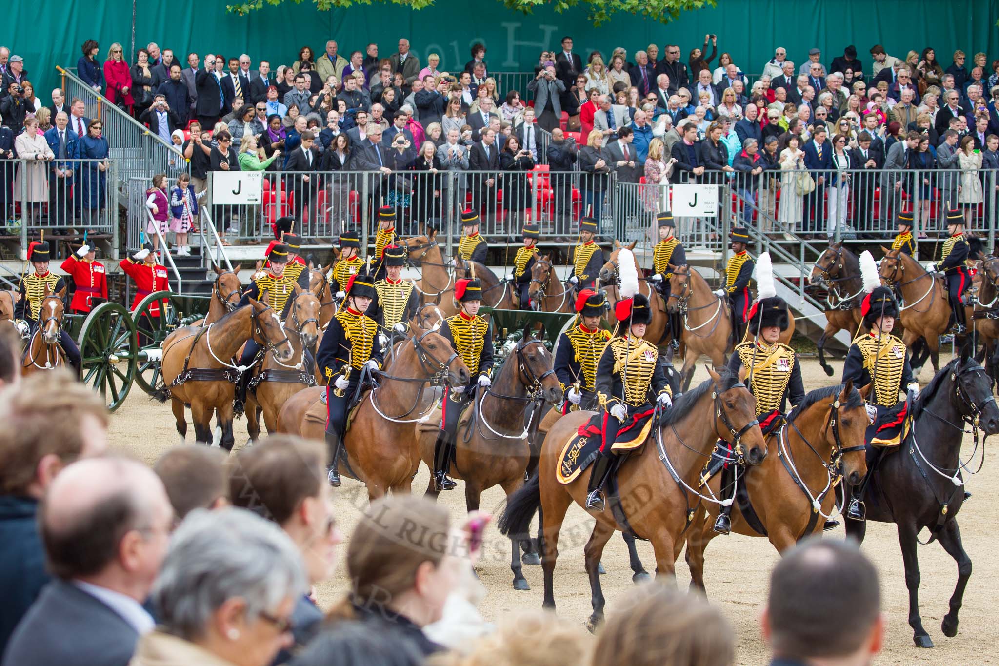 The Colonel's Review 2012: The King's Troop Royal Horse Artillery during their Ride Past, in the centre of the image one of the 13-pounder guns..
Horse Guards Parade, Westminster,
London SW1,

United Kingdom,
on 09 June 2012 at 11:51, image #397