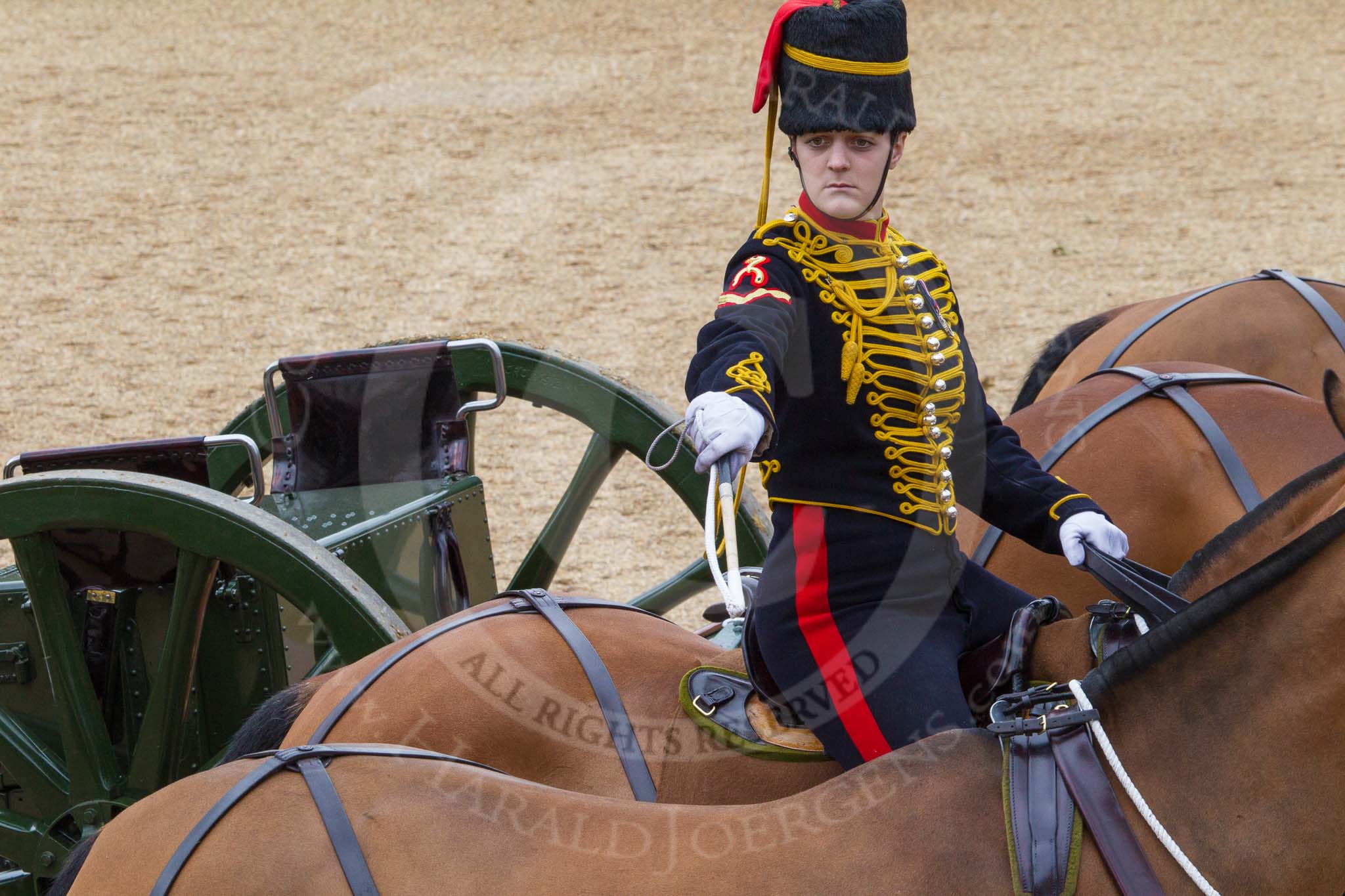 The Colonel's Review 2012: A ceremonial gunner on one of the six horses that pull a 13-pounder gum, saluting with the whip..
Horse Guards Parade, Westminster,
London SW1,

United Kingdom,
on 09 June 2012 at 11:52, image #401