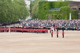 The Colonel's Review 2012: The Inspection of the Line continues behind No. 6 Guard towards the Souvereign's Escort, the Mounted Band of the Household Cavalry, and the King's Troop Royal Horse Artillery, all in position along the St James's Park side of Horse Guards Parade..
Horse Guards Parade, Westminster,
London SW1,

United Kingdom,
on 09 June 2012 at 11:02, image #185