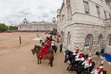The Colonel's Review 2012: In position on the Western side of Horse Guards Parade: The four Troopers from The Life Guards trailing the Royal Procession, two Grooms from the Royal Household, and Lieutenant Colonel H S J Scott, Major G V A Baker, Lieutenant Colonel A W Foster, Colonel T C S Bonas, Lieutenant Colonel J B O’Gorman and Major E M Crofton..
Horse Guards Parade, Westminster,
London SW1,

United Kingdom,
on 09 June 2012 at 11:03, image #188