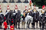 The Colonel's Review 2012: Standard Coverer, Standard Bearer, Trumpeter, and members of The Blues and Royals in front of the Guards Memorial..
Horse Guards Parade, Westminster,
London SW1,

United Kingdom,
on 09 June 2012 at 11:28, image #300