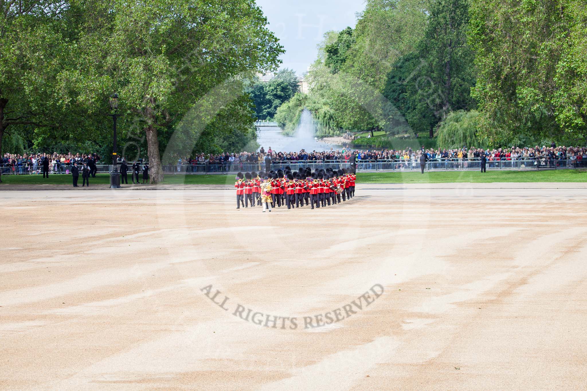 Trooping the Colour 2012: The Band of the Scots Guards turning onto Horse Guards Parade. Behind them St. James's Park, with Buckingham Palace in the background..
Horse Guards Parade, Westminster,
London SW1,

United Kingdom,
on 16 June 2012 at 10:17, image #34