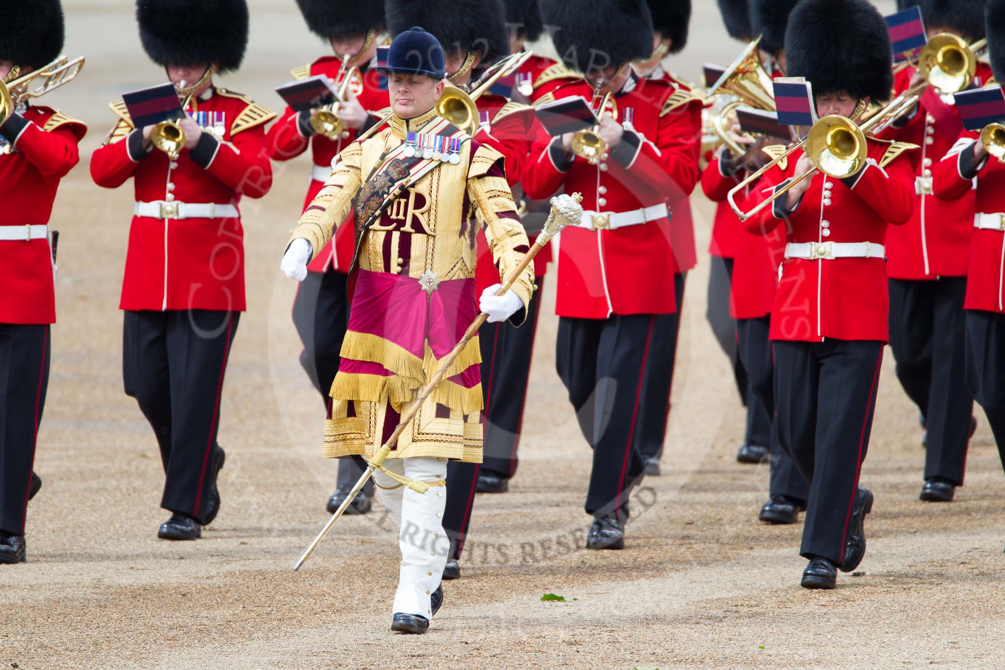 Trooping the Colour 2012: Drum Major Tony Taylor, No. 7 Company Coldstream Guards, arriving with the Band of the Scots Guards on Horse Guards Parade..
Horse Guards Parade, Westminster,
London SW1,

United Kingdom,
on 16 June 2012 at 10:18, image #35