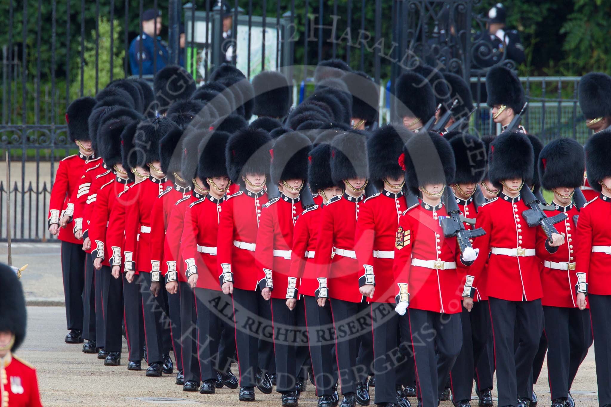 Trooping the Colour 2012: No. 3 Guard, No. 7 Company, Coldstream Guards arriving at Horse Guards Parade, in front 
Colour Sergeant D P Wall..
Horse Guards Parade, Westminster,
London SW1,

United Kingdom,
on 16 June 2012 at 10:28, image #62