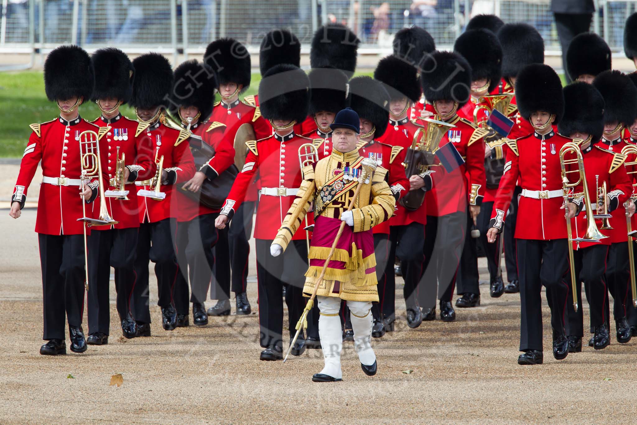 Trooping the Colour 2012: Drum Major Stephen Staite, Grenadier Guards, leading the Band of the Grenadier Guards to their position on Horse Guards Parade..
Horse Guards Parade, Westminster,
London SW1,

United Kingdom,
on 16 June 2012 at 10:28, image #63
