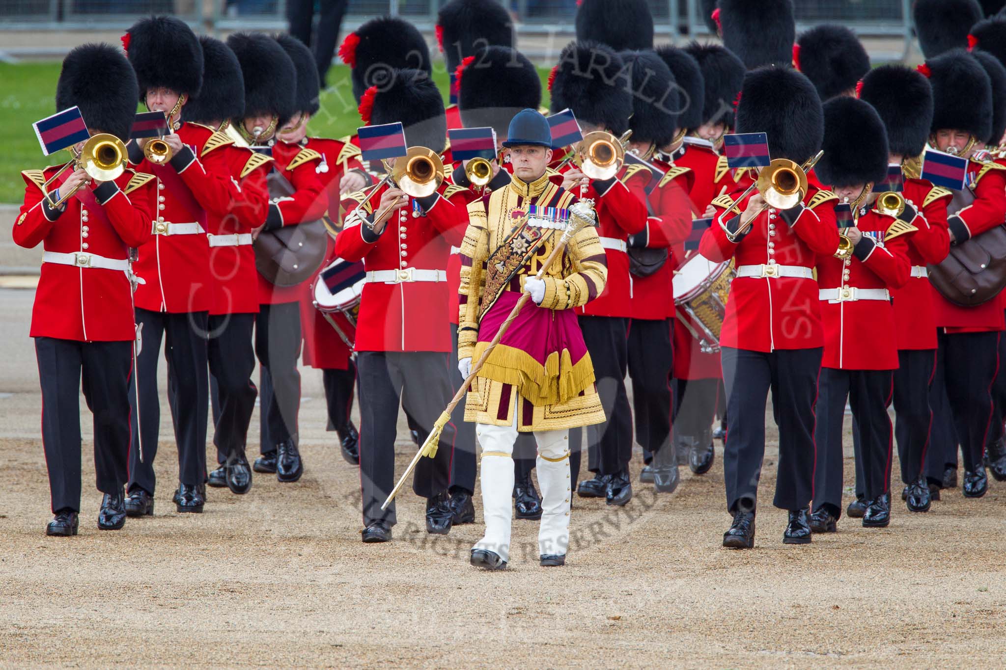 Trooping the Colour 2012: Drum Major Scott Fitzgerald, Coldstream Guards, leading the Band of the Coldstream Guards onto Horse Guards Parade..
Horse Guards Parade, Westminster,
London SW1,

United Kingdom,
on 16 June 2012 at 10:31, image #72