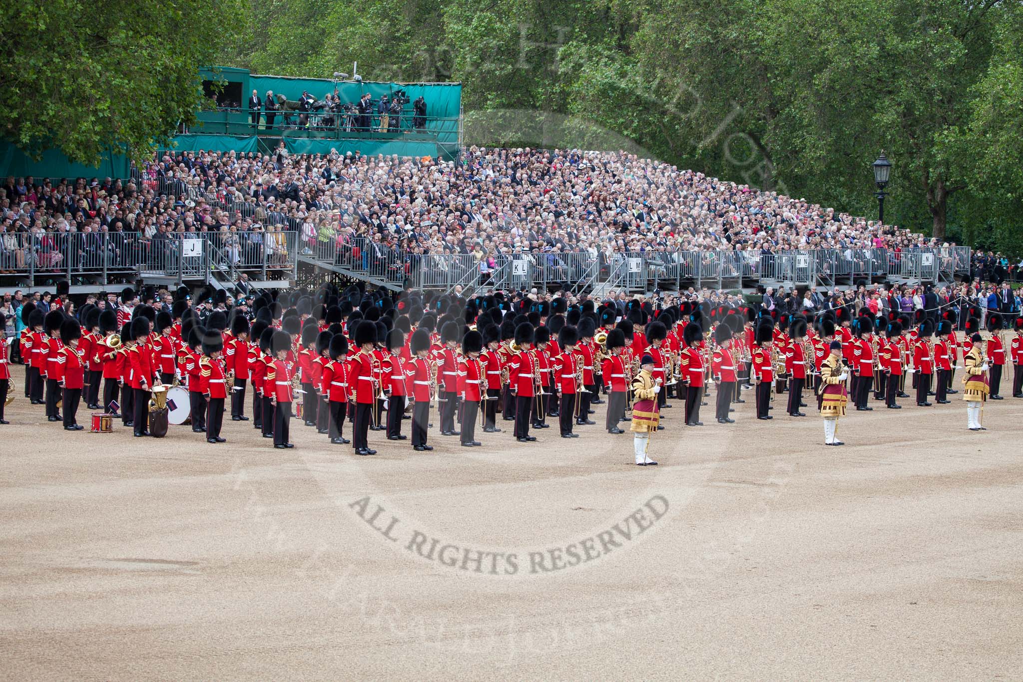 Trooping the Colour 2012: The Western side of Horseguards Parade, with the Massed Bands in place, and the BBC broadcasting team and other television crews and photographers above the grandstands..
Horse Guards Parade, Westminster,
London SW1,

United Kingdom,
on 16 June 2012 at 10:35, image #84