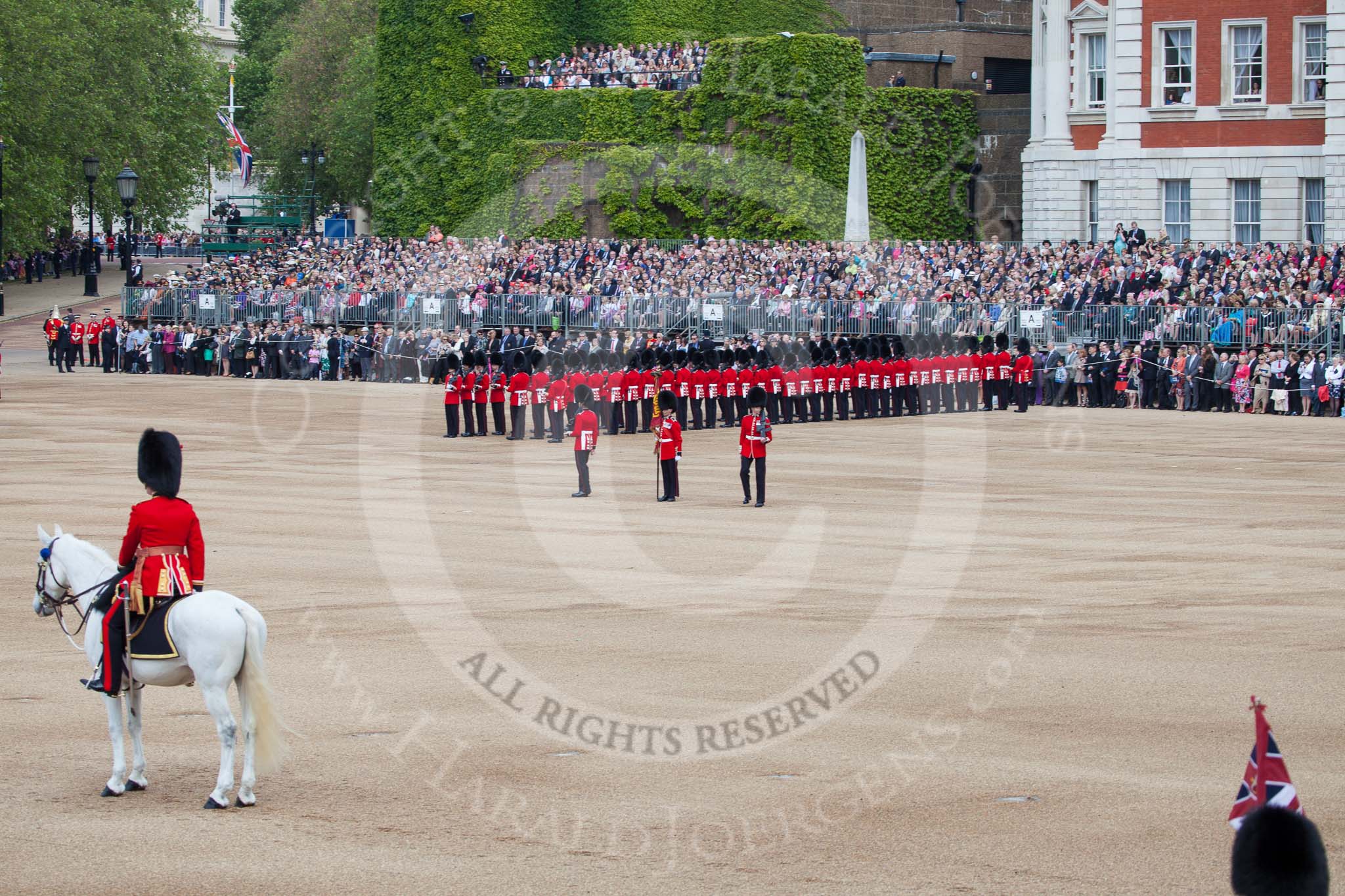 Trooping the Colour 2012: The Eastern side of Horse Guards Parade, with No. 6 Guard behind the Colour Party, and the Adjutant of the Parade in front..
Horse Guards Parade, Westminster,
London SW1,

United Kingdom,
on 16 June 2012 at 10:35, image #85