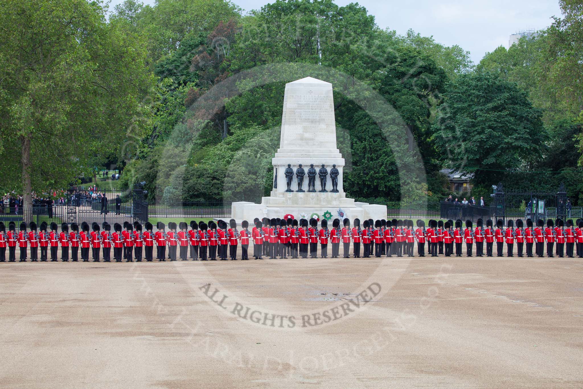 Trooping the Colour 2012: The long row of guardsmen at the Northern side of Horse Guards Parade, in front of the Guards Memorial..
Horse Guards Parade, Westminster,
London SW1,

United Kingdom,
on 16 June 2012 at 10:35, image #90