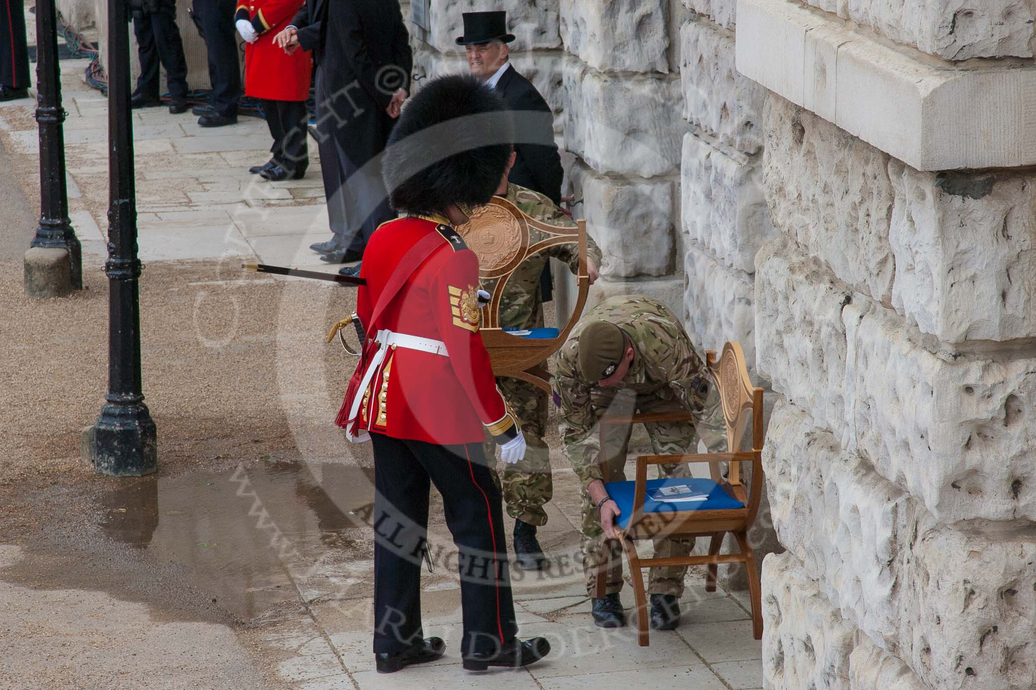 Trooping the Colour 2012: The chairs for Her Majesty and Prince Philip are prepared, 20 minutes before their arrival..
Horse Guards Parade, Westminster,
London SW1,

United Kingdom,
on 16 June 2012 at 10:40, image #102