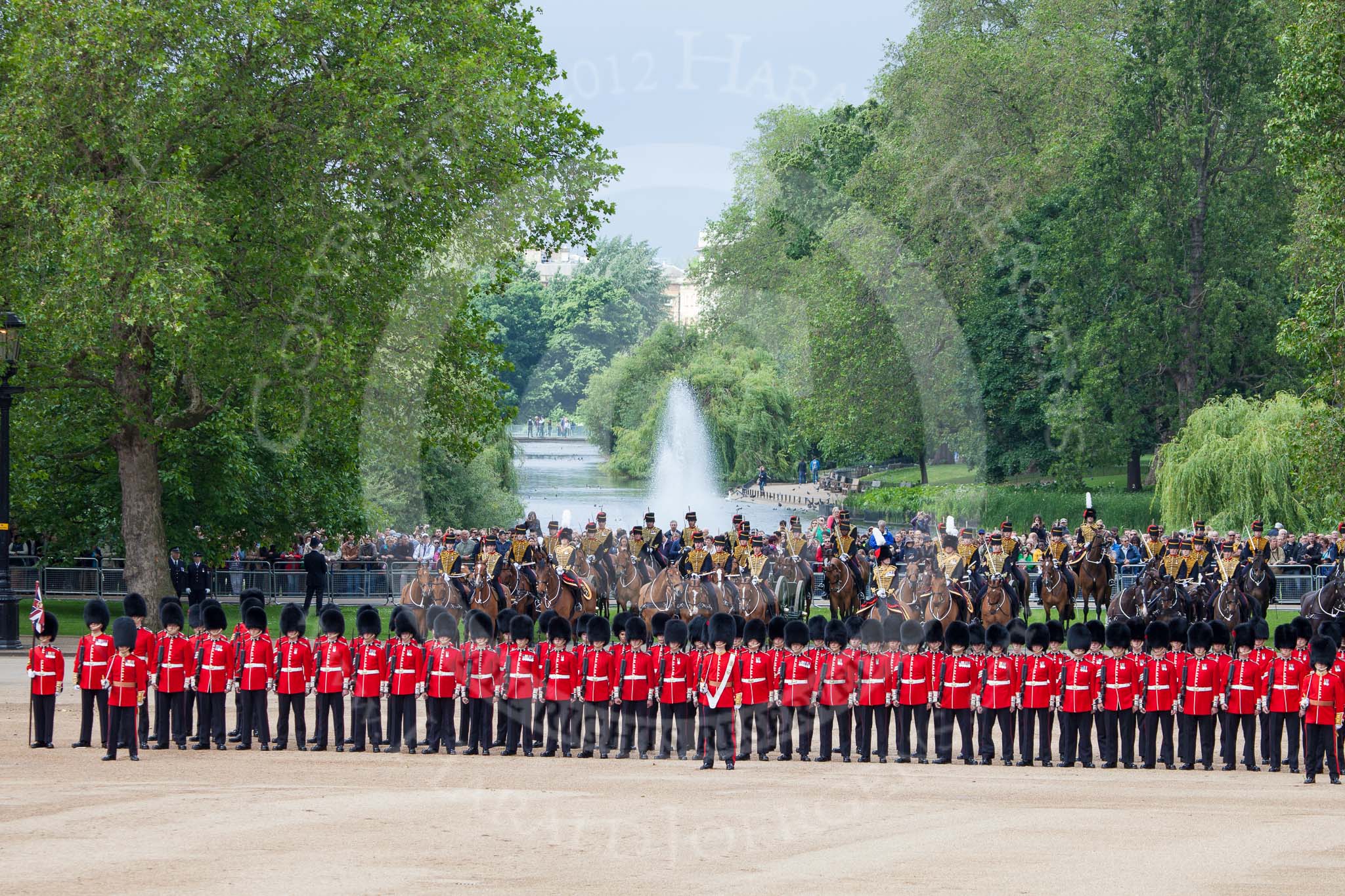 Trooping the Colour 2012: In position on the Northern side of Horse Guards Parade, behind No. 1 Guard, The King's Troop Royal Horse Artillery. In the background, behind St. James's Park, Buckingham Palace..
Horse Guards Parade, Westminster,
London SW1,

United Kingdom,
on 16 June 2012 at 10:43, image #104