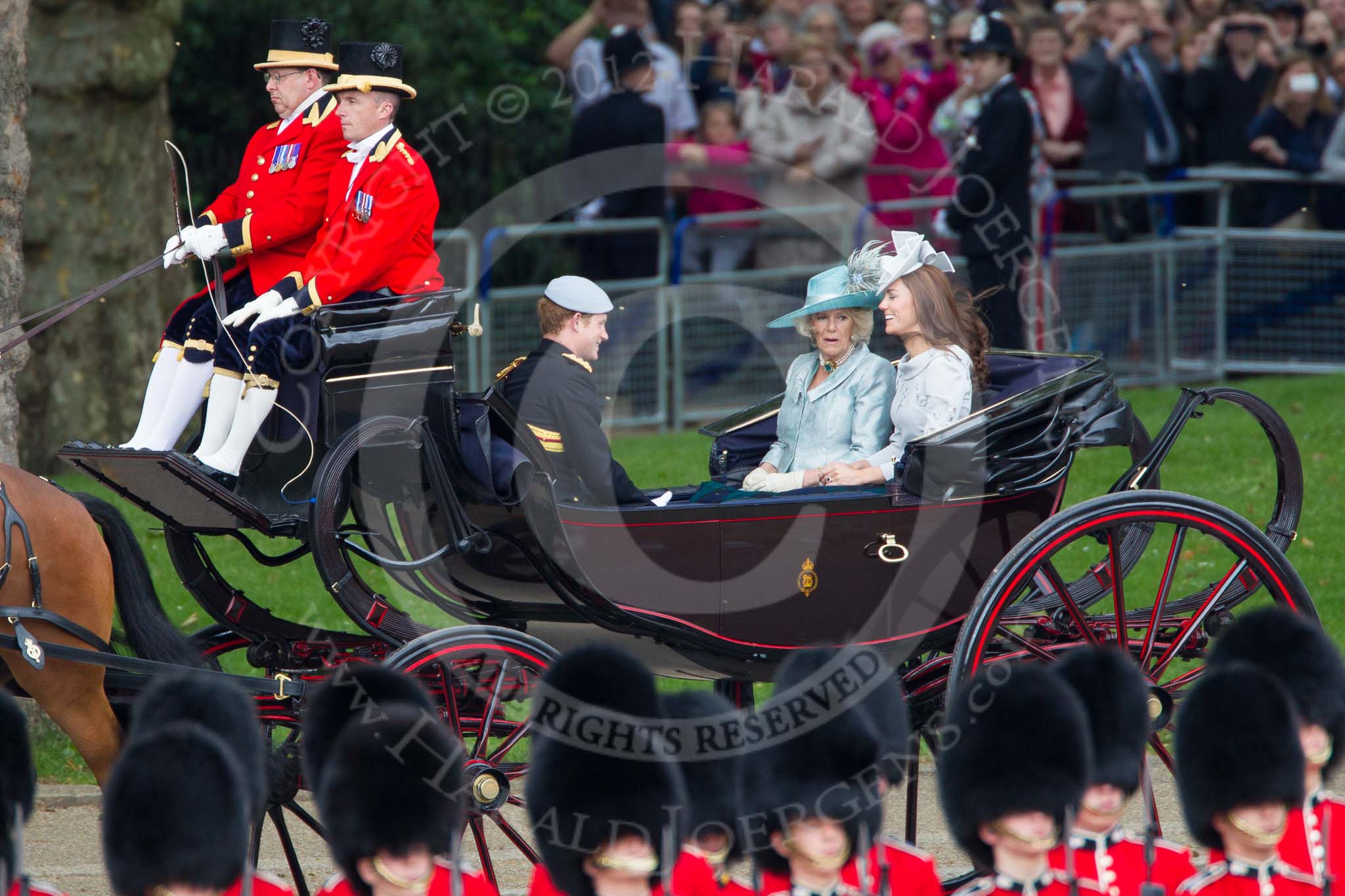 Trooping the Colour 2012: Prince Harry, the Ducess of Cornwall, and the Duchess of Cambridge in the first carriage..
Horse Guards Parade, Westminster,
London SW1,

United Kingdom,
on 16 June 2012 at 10:50, image #115