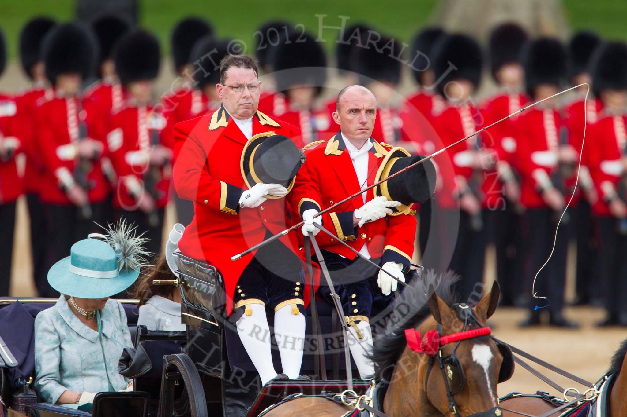 Trooping the Colour 2012: The coachmen of the first carriage saluting the Colour..
Horse Guards Parade, Westminster,
London SW1,

United Kingdom,
on 16 June 2012 at 10:50, image #121