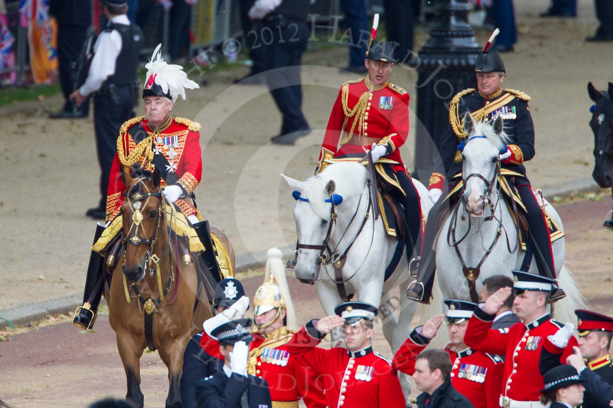 Photo 1206161058071D43144HaraldJoergens Trooping the Colour 2012: The Master of the Horse, The Lord Vestey, behind him, in the red uniform, the Equerry in Waiting to Her Majesty, Lieutenant Colonel A F Matheson of Matheson, younger, and the Crown Equerry, Colonel W T Browne..
Horse Guards Parade, Westminster,
London SW1,
United Kingdom,
on 16 June 2012 at 10:58, image #152
