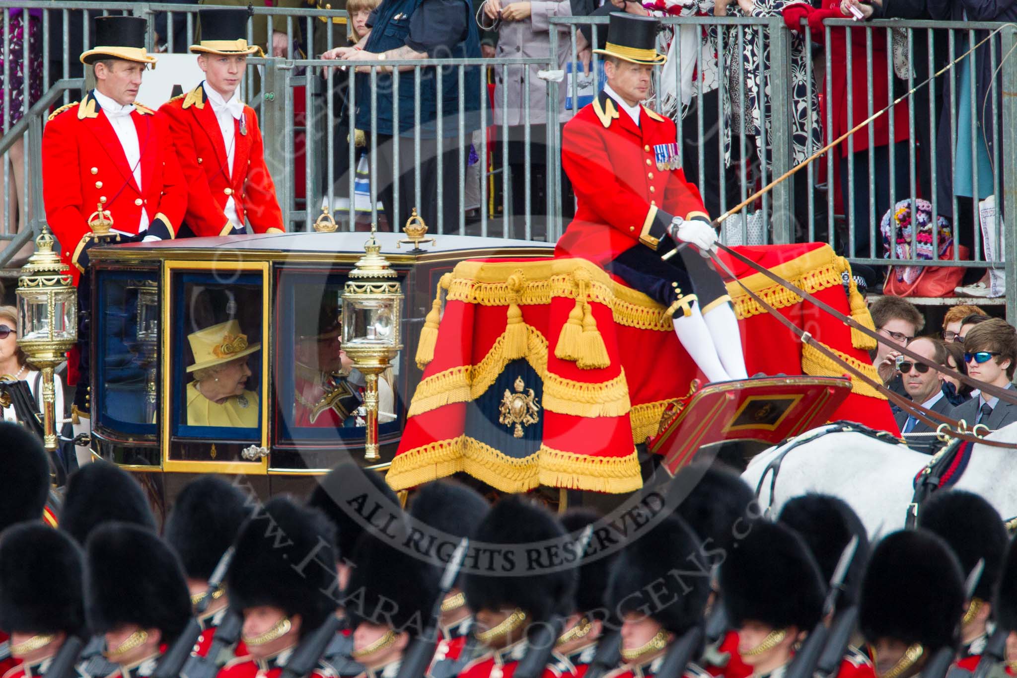 Trooping the Colour 2012: A closer look at the Glass Coach carrying HM The Queen and Prince Philip..
Horse Guards Parade, Westminster,
London SW1,

United Kingdom,
on 16 June 2012 at 10:58, image #155