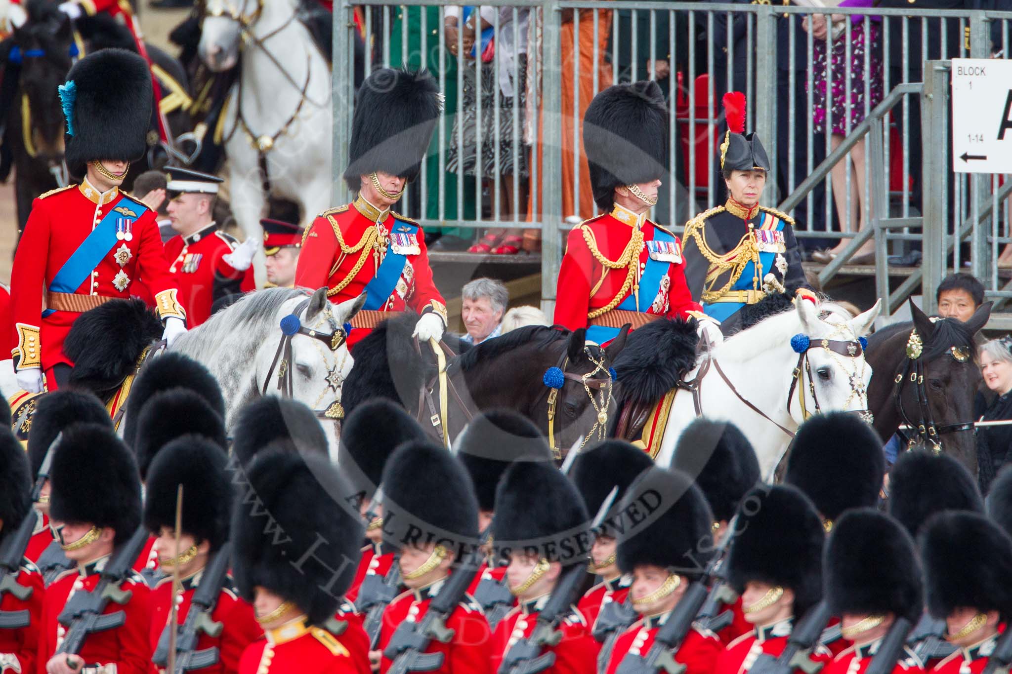 Photo 1206161058201D43167HaraldJoergens Trooping the Colour 2012: The Royal Colonels: HRH The Duke of Cambridge, Colonel Irish Guards, HRH The Prince of Wales, Colonel Welsh Guards, HRH The Duke of Kent, Colonel Scots Guards, and HRH The Princess Royal, Gold Stick in Waiting and Colonel The Blues and Royals (Royal Horse Guards and 1st Dragoons)..
Horse Guards Parade, Westminster,
London SW1,
United Kingdom,
on 16 June 2012 at 10:58, image #156