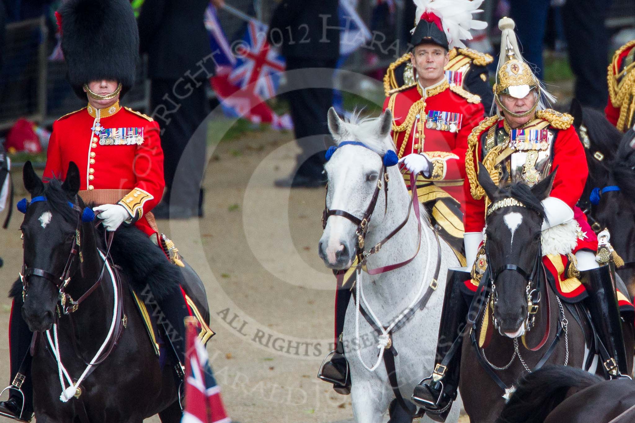Trooping the Colour 2012: The Non-Royal Colonels, Colonel Coldstream Guards, Lieutenant General J J C Bucknall, and Colonel The Life Guards, General the Lord Guthrie of Craigiebank. Behind them Major General Commanding the Household Division
and General Officer Commanding London District Major General G P R Norton..
Horse Guards Parade, Westminster,
London SW1,

United Kingdom,
on 16 June 2012 at 10:58, image #158