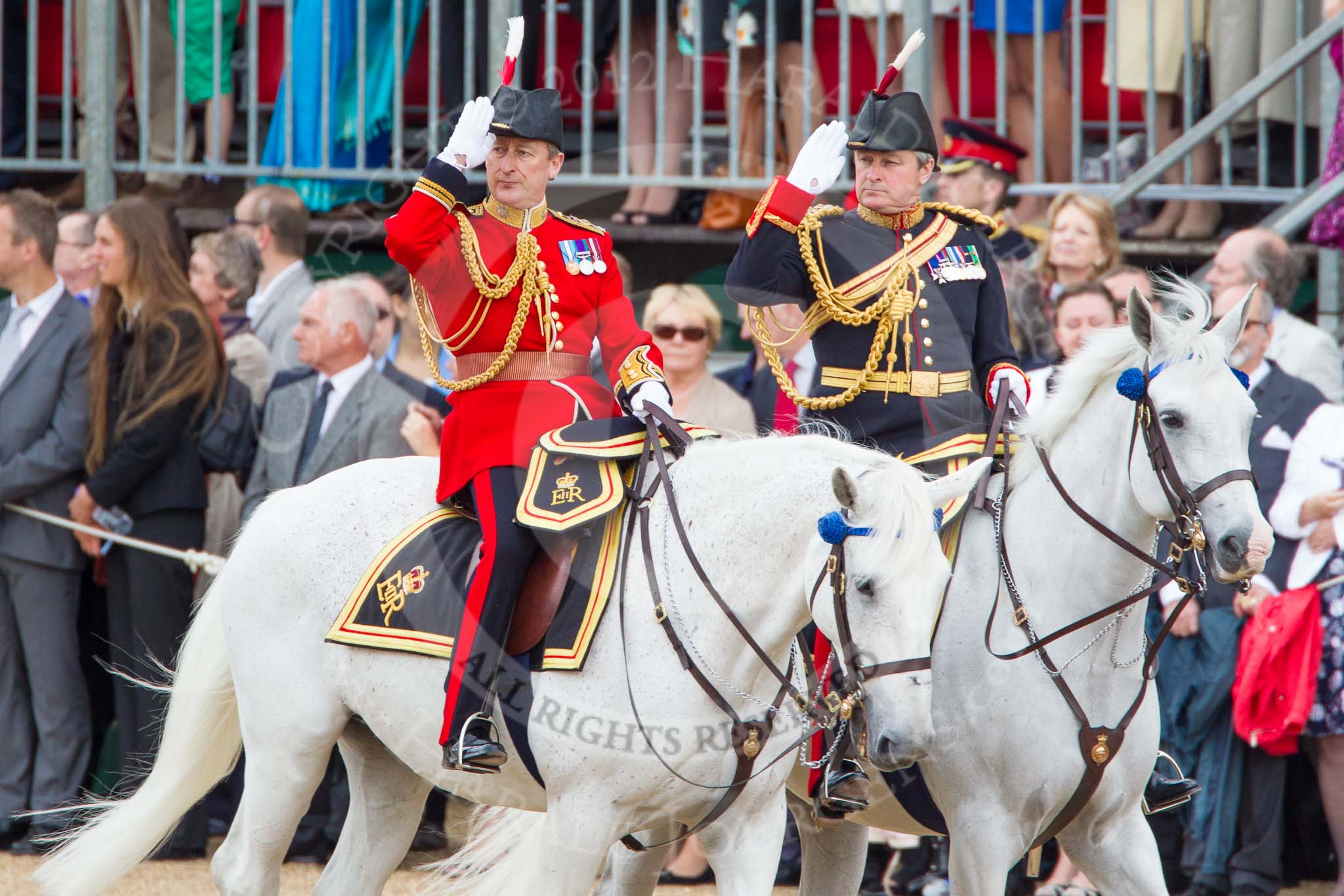 Photo 1206161059041D43258HaraldJoergens Trooping the Colour 2012: The Equerry in Waiting to Her Majesty, Lieutenant Colonel A F Matheson of Matheson, younger, and the Crown Equerry, Colonel W T Browne, saluting the Colour..
Horse Guards Parade, Westminster,
London SW1,
United Kingdom,
on 16 June 2012 at 10:59, image #162