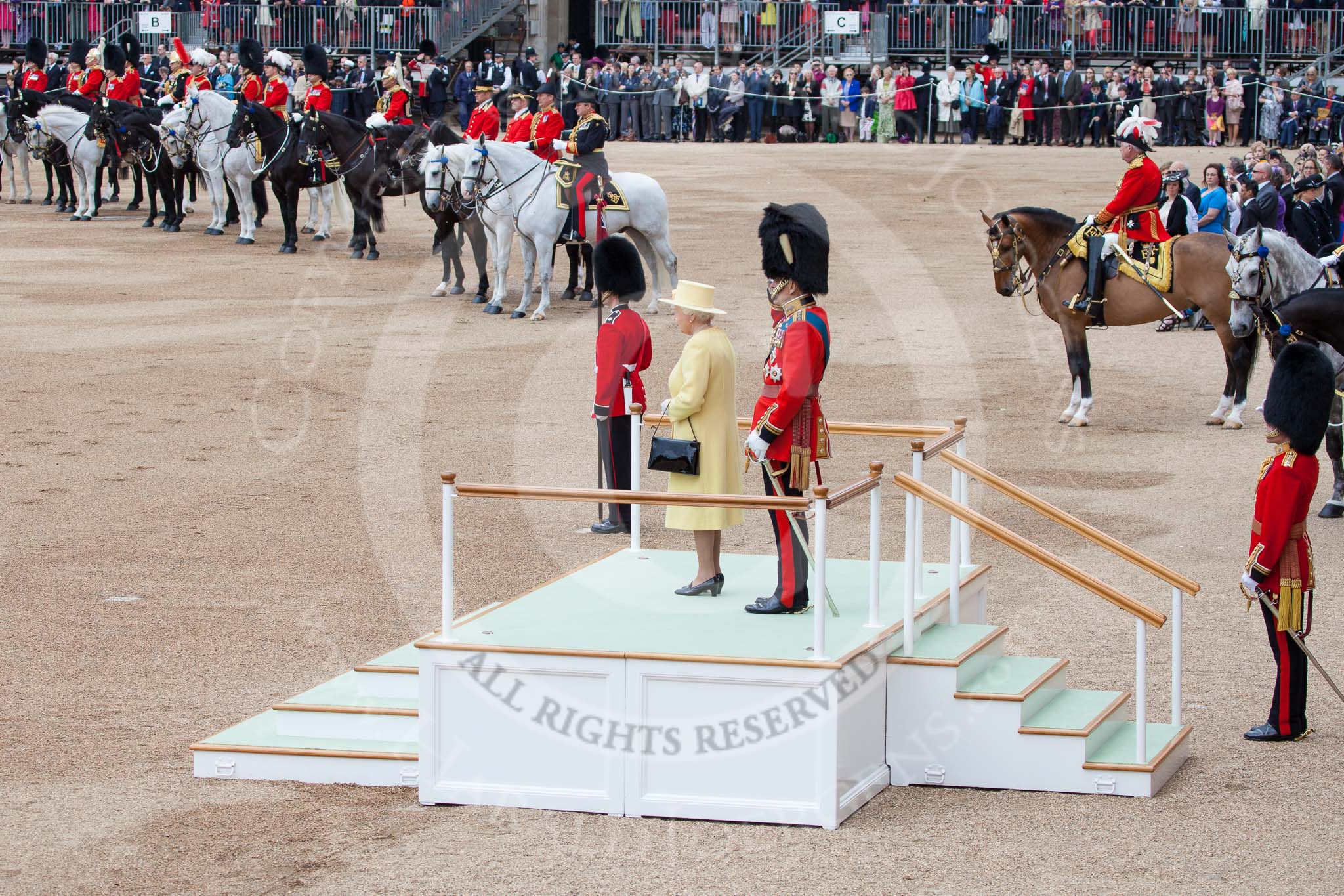 Trooping the Colour 2012: HM The Queen and HRH The Prince Philip getting standing on the saluting base whilst the National Anthem is played..
Horse Guards Parade, Westminster,
London SW1,

United Kingdom,
on 16 June 2012 at 11:00, image #182