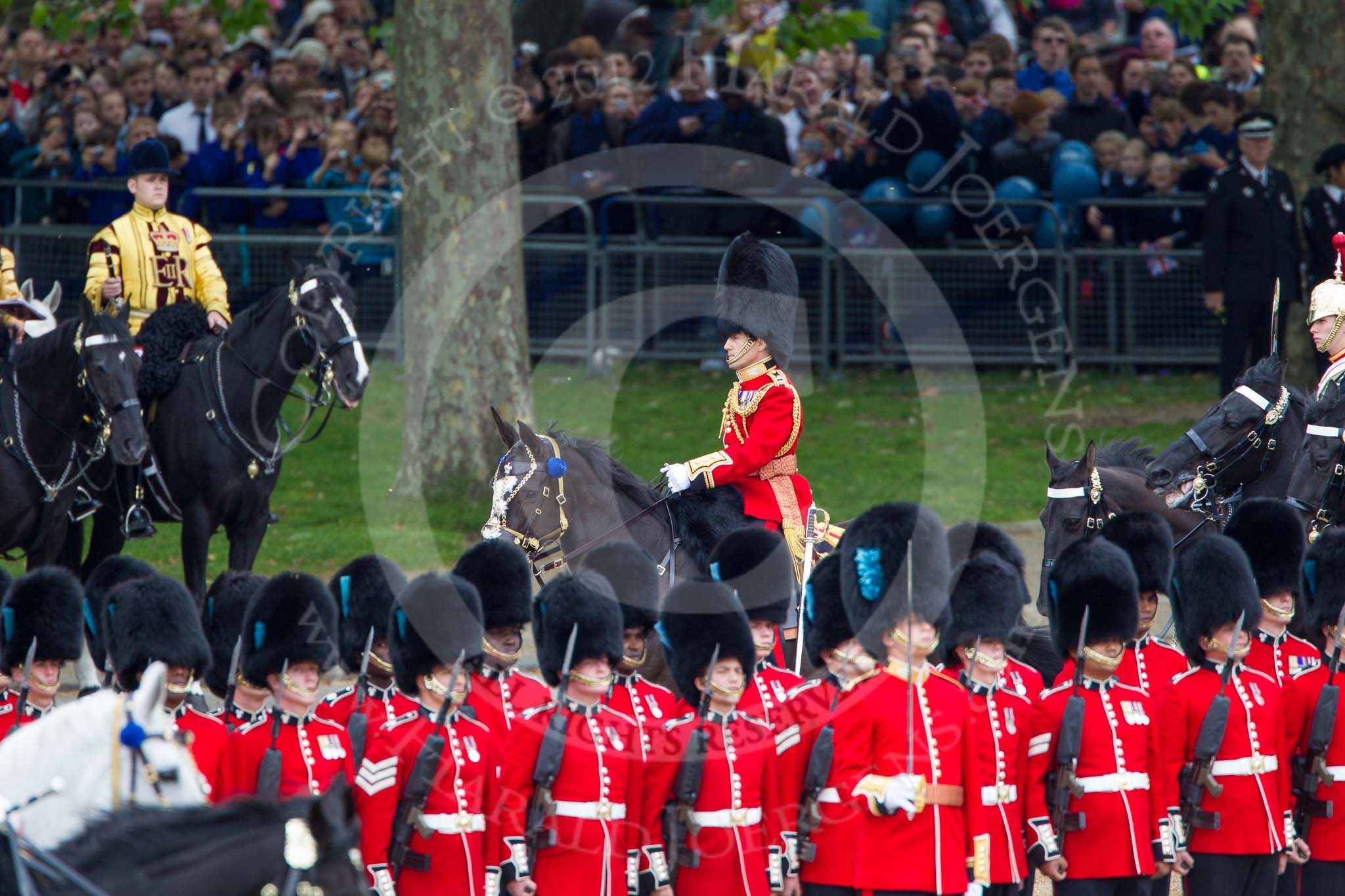 Trooping the Colour 2012: During the Inspection of the Line, riding behind the No. 6 Guard, the Brigade Major Household Division, Lieutenant Colonel A P Speed, Scots Guards..
Horse Guards Parade, Westminster,
London SW1,

United Kingdom,
on 16 June 2012 at 11:05, image #226