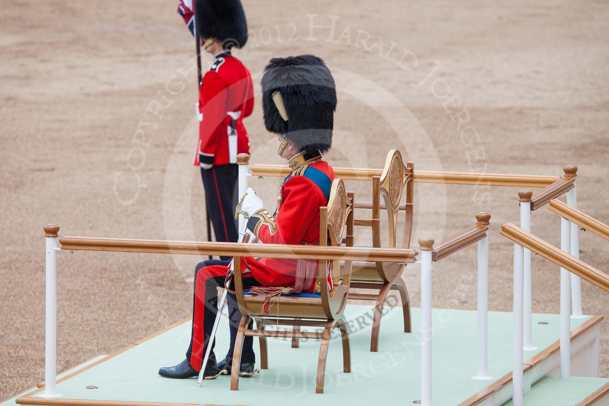 Trooping the Colour 2012: HRH The Prince Philip on the saltung base, whilst HM The Queen is inspecting the line..
Horse Guards Parade, Westminster,
London SW1,

United Kingdom,
on 16 June 2012 at 11:05, image #228