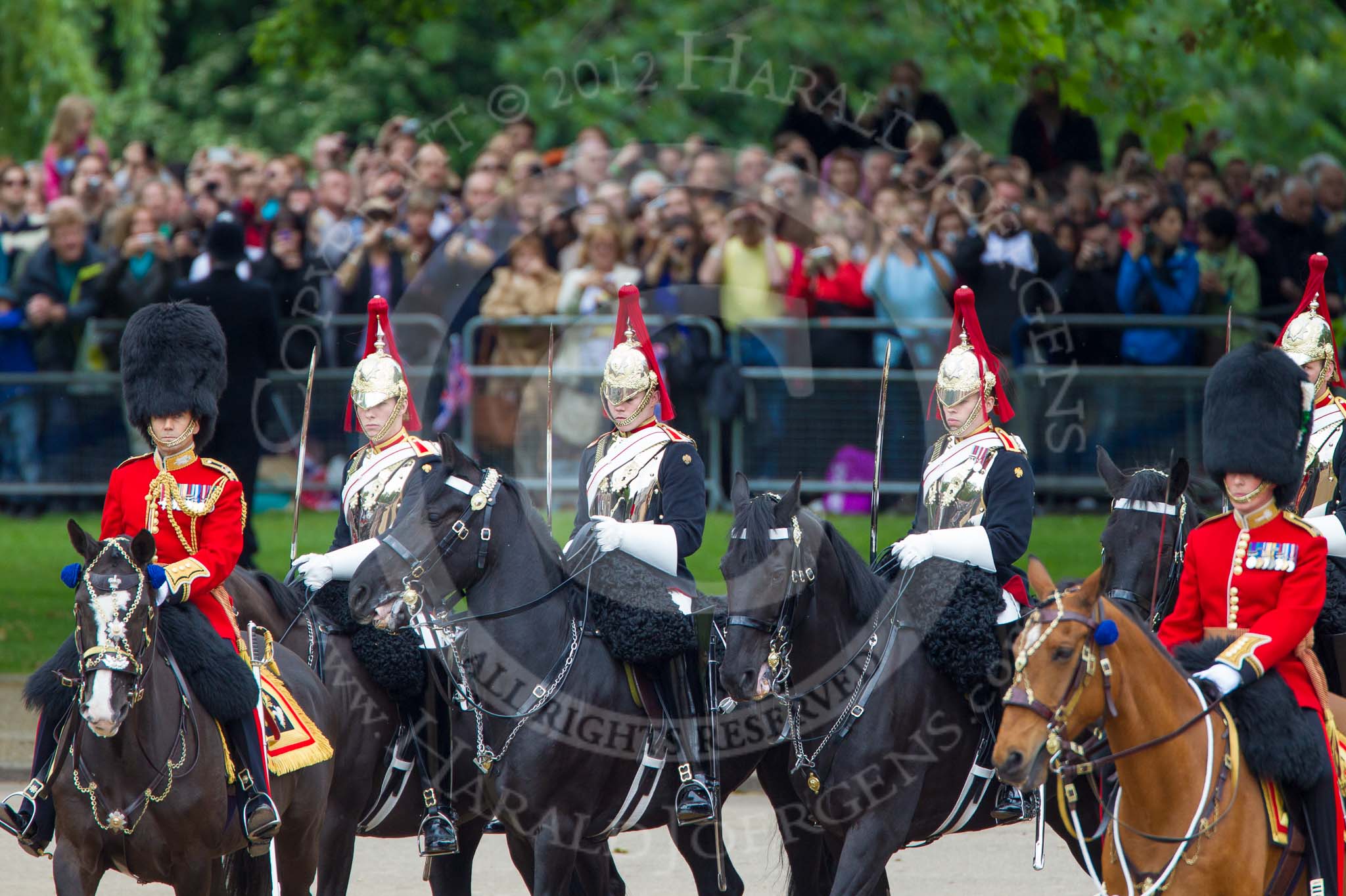 Trooping the Colour 2012: The Inspection of the Line - Brigade Major Household Division, Lieutenant Colonel A P Speed, Scots Guards, and the four Troopers of The Blues and Royals passing the Major of the Parade next to No. 1 Guard..
Horse Guards Parade, Westminster,
London SW1,

United Kingdom,
on 16 June 2012 at 11:06, image #231