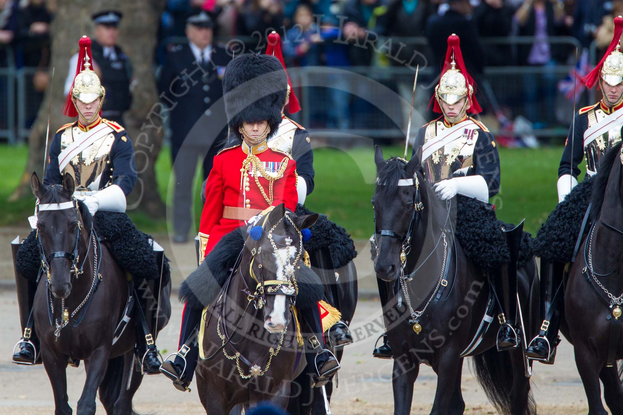 Trooping the Colour 2012: The Inspection of the Line - Brigade Major Household Division, Lieutenant Colonel A P Speed, Scots Guards, and the four Troopers of The Blues and Royals..
Horse Guards Parade, Westminster,
London SW1,

United Kingdom,
on 16 June 2012 at 11:06, image #232