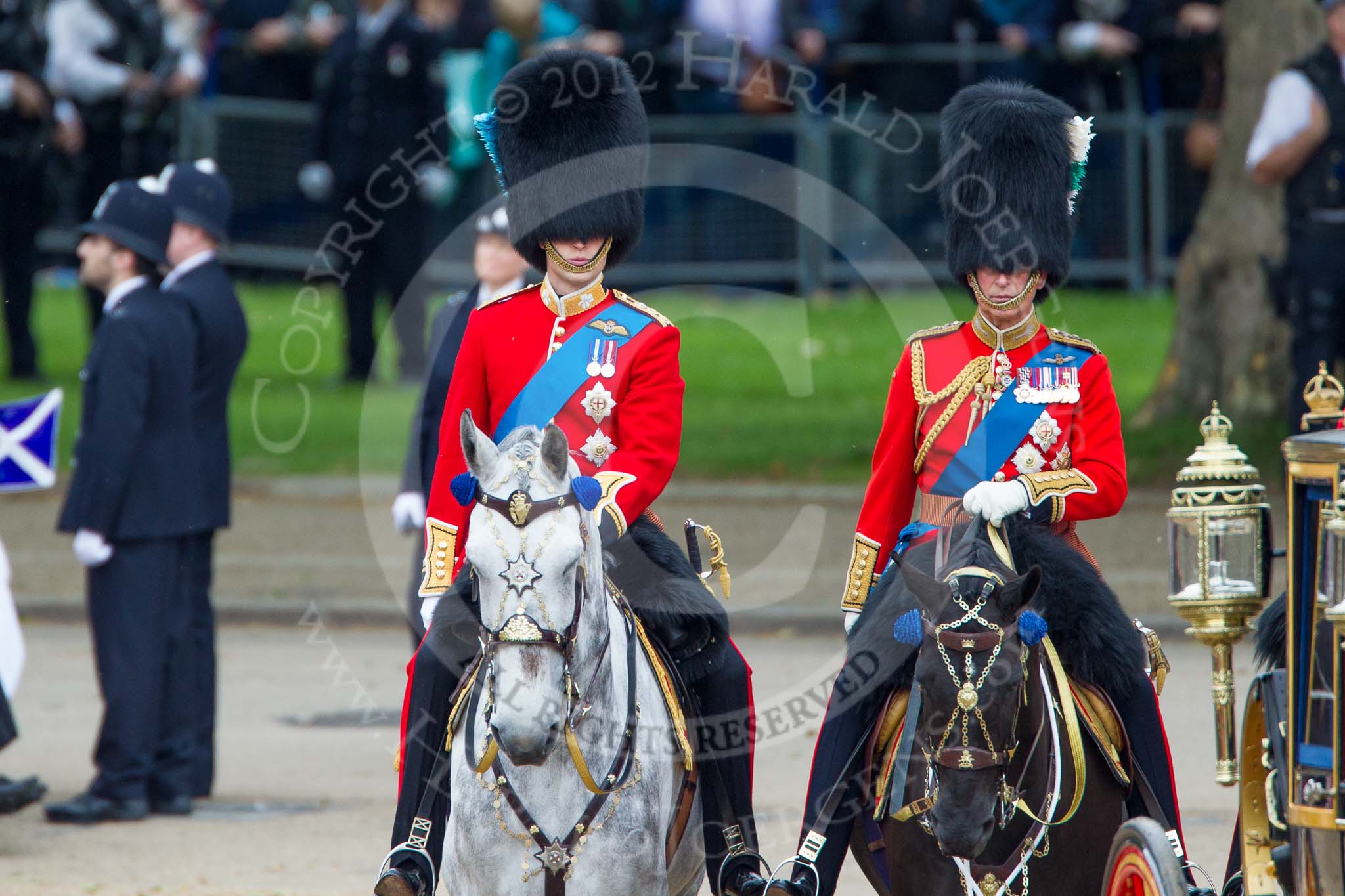 Trooping the Colour 2012: The Inspection of the Line - HRH The Duke of Cambridge, Colonel Irish Guards and his father, HRH The Prince of Wales, Colonel Welsh Guards..
Horse Guards Parade, Westminster,
London SW1,

United Kingdom,
on 16 June 2012 at 11:06, image #234