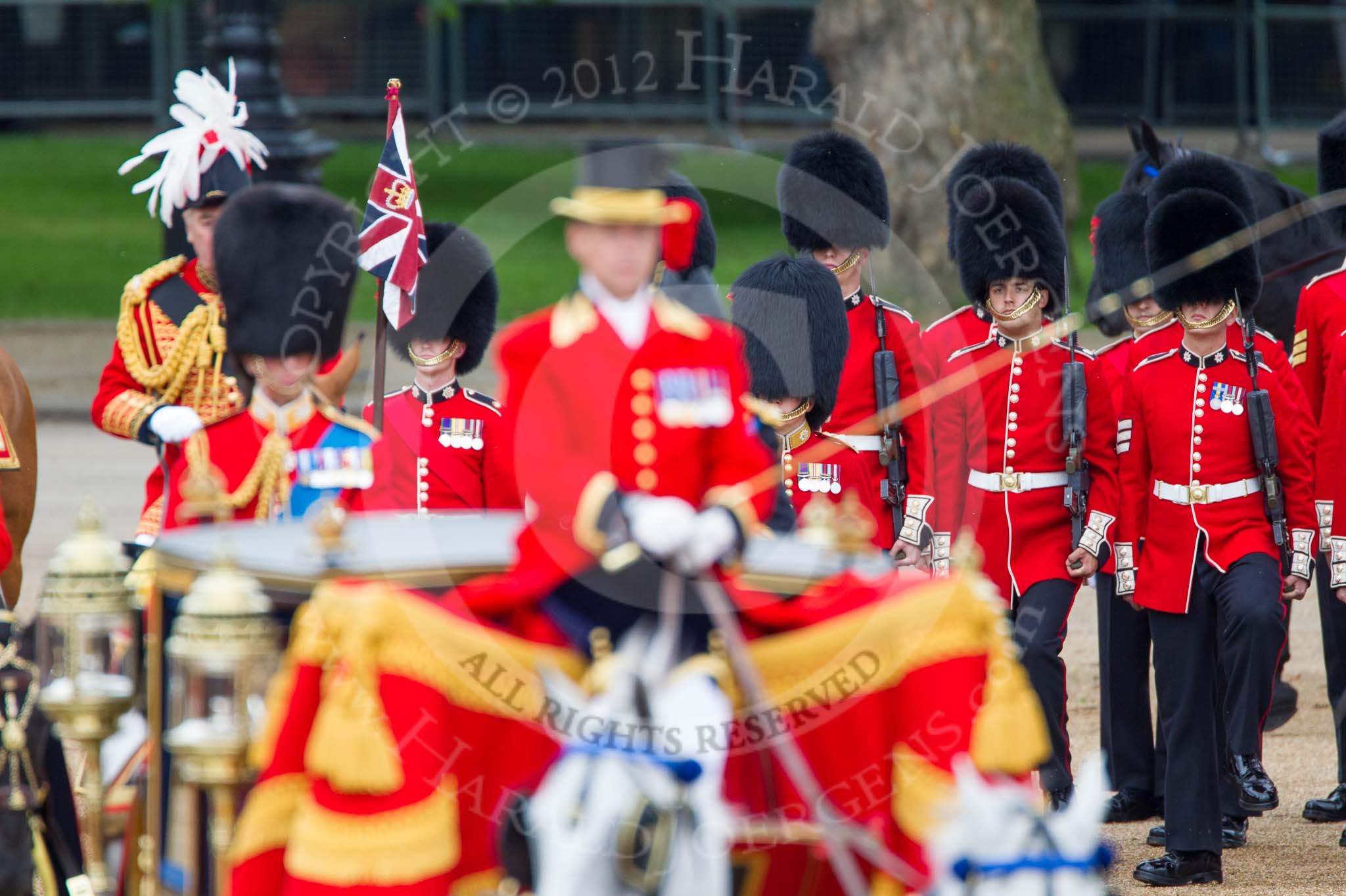 Trooping the Colour 2012: The focus on No. 1 Guard, whilst the Royal Procession passes by during the Inspection of the Line..
Horse Guards Parade, Westminster,
London SW1,

United Kingdom,
on 16 June 2012 at 11:07, image #237