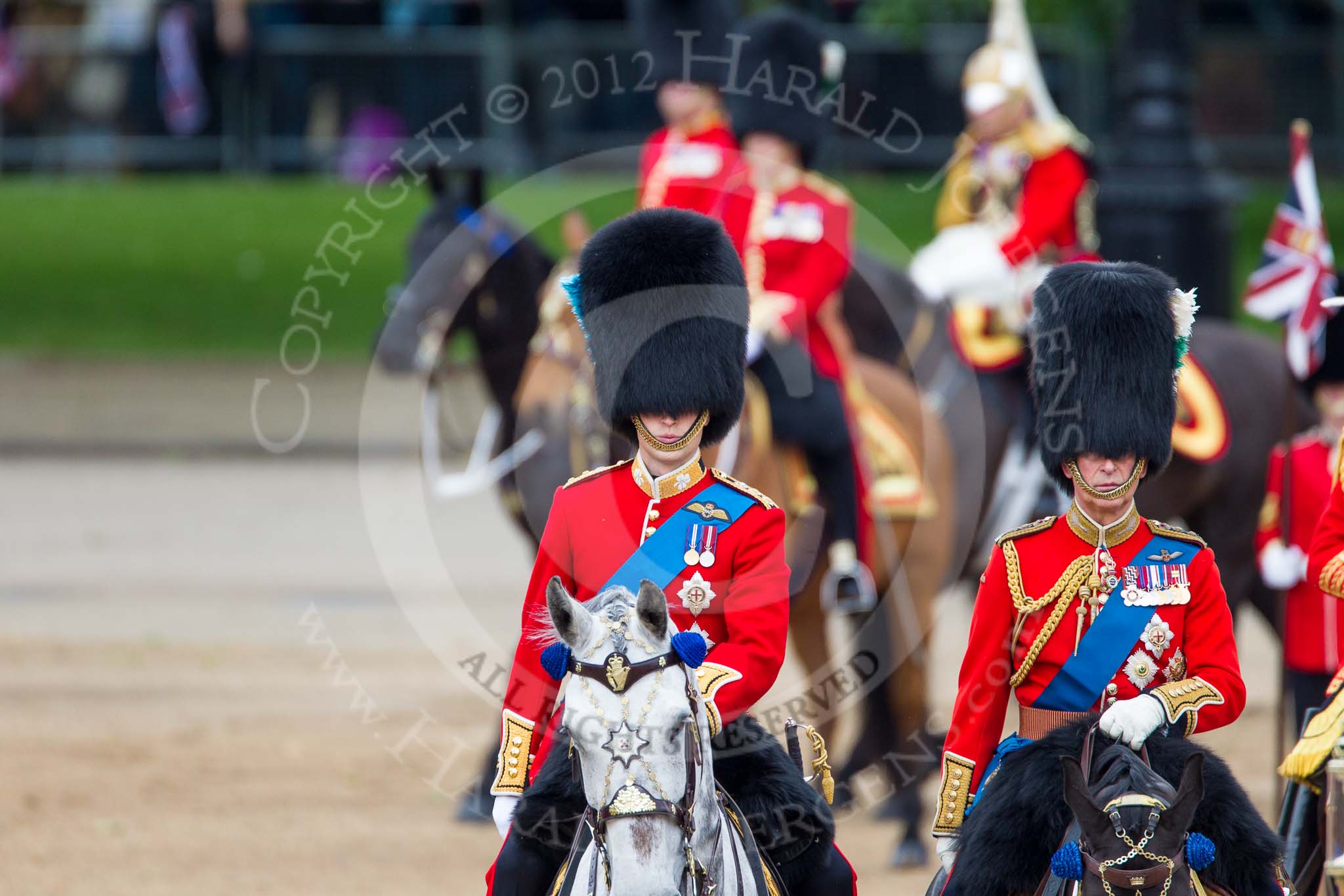 Trooping the Colour 2012: Father and son during the Inspection of the Line - HRH The Duke of Cambridge and HRH The Prince of Wales..
Horse Guards Parade, Westminster,
London SW1,

United Kingdom,
on 16 June 2012 at 11:07, image #238