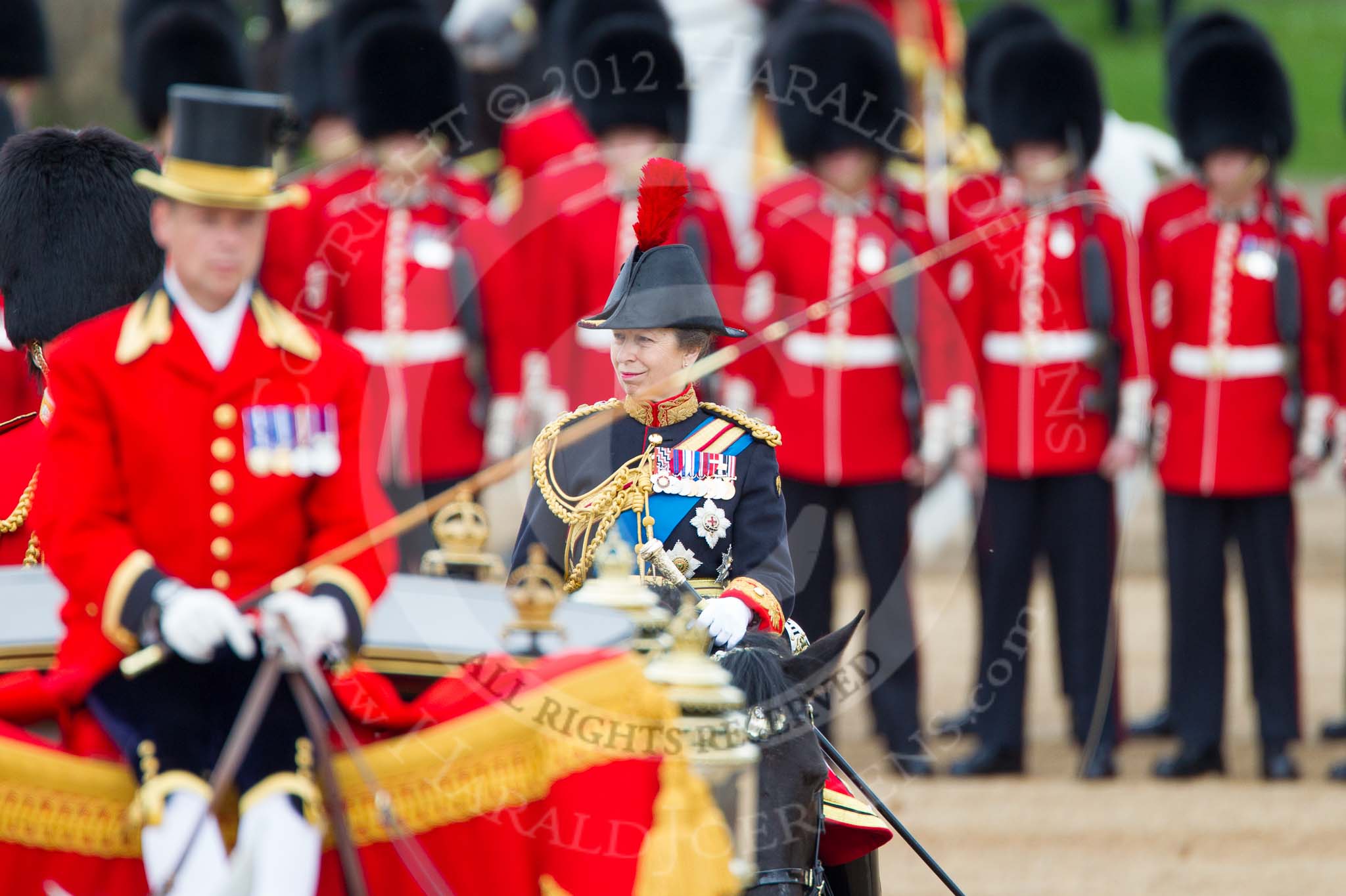 Trooping the Colour 2012: A smiling Princess Royal during the Inspection of the Line..
Horse Guards Parade, Westminster,
London SW1,

United Kingdom,
on 16 June 2012 at 11:07, image #239