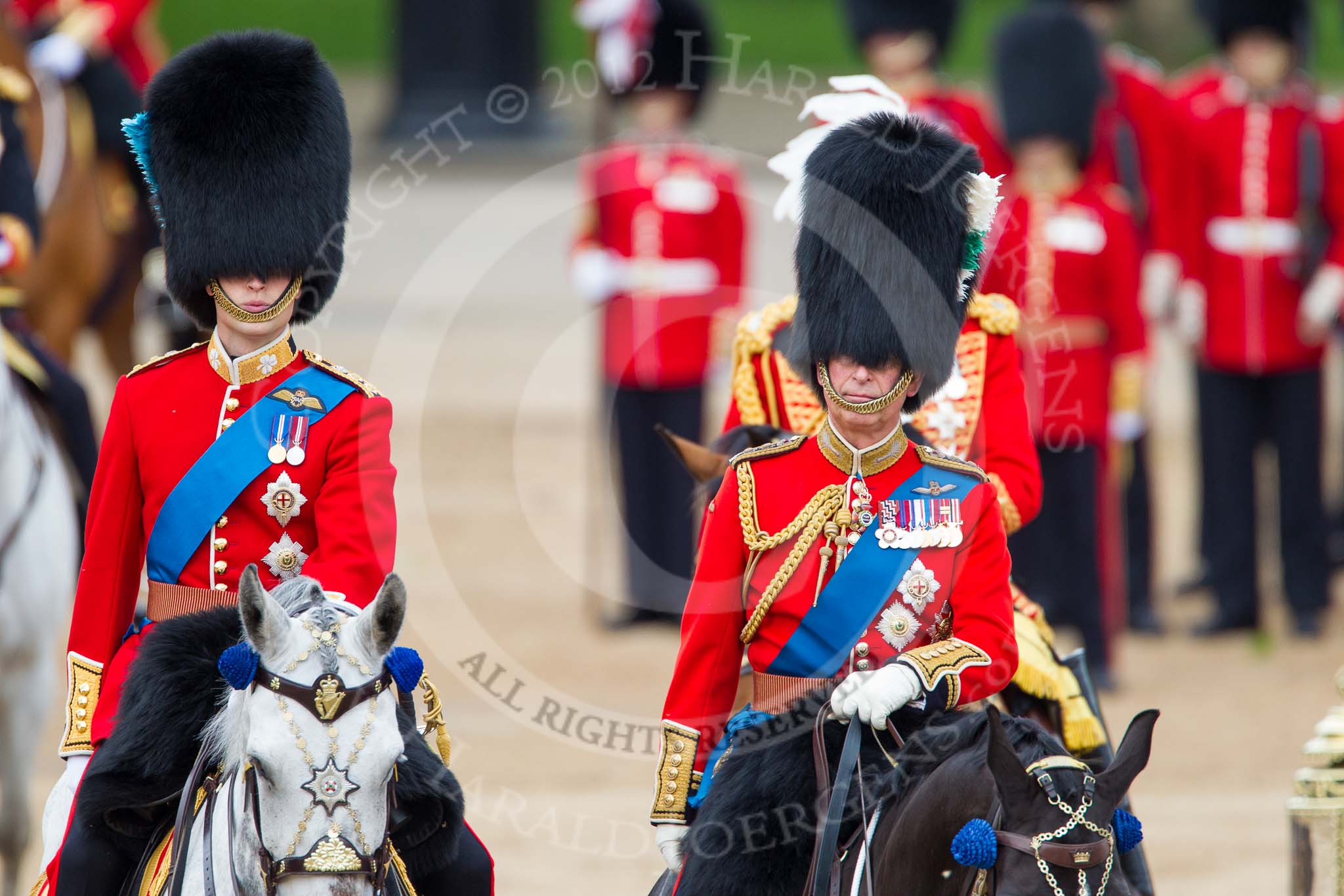 Trooping the Colour 2012: Father and son during the Inspection of the Line - HRH The Duke of Cambridge and HRH The Prince of Wales..
Horse Guards Parade, Westminster,
London SW1,

United Kingdom,
on 16 June 2012 at 11:07, image #240