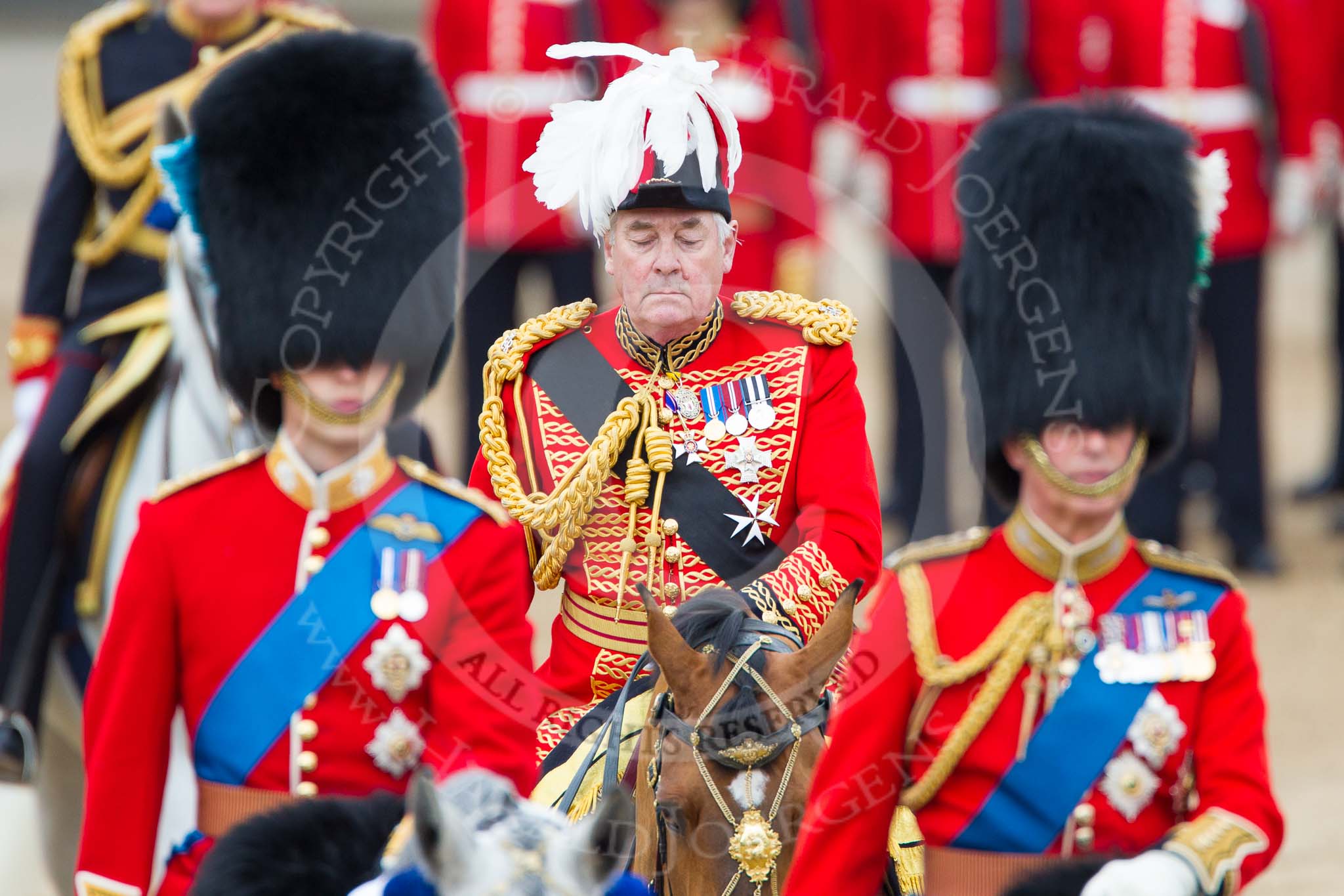 Photo 1206161107311D43763HaraldJoergens Trooping the Colour 2012: The Master of the Horse, The Lord Vestey, behind HRH The Duke of Cambridge and HRH The Prince of Wales during the Inspection of the Line..
Horse Guards Parade, Westminster,
London SW1,
United Kingdom,
on 16 June 2012 at 11:07, image #241