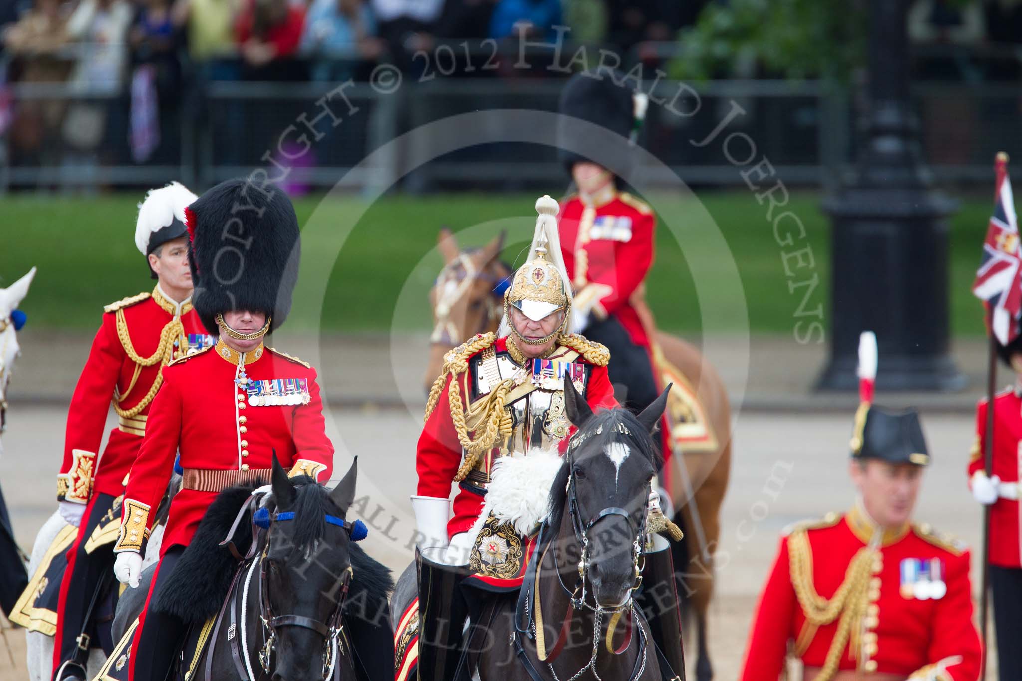 Trooping the Colour 2012: The Non-Royal Colonels during the Inspetion of the Line, Colonel Coldstream Guards, 
Lieutenant General J J C Bucknall and Colonel The Life Guards, General the Lord Guthrie of Craigiebank..
Horse Guards Parade, Westminster,
London SW1,

United Kingdom,
on 16 June 2012 at 11:07, image #242