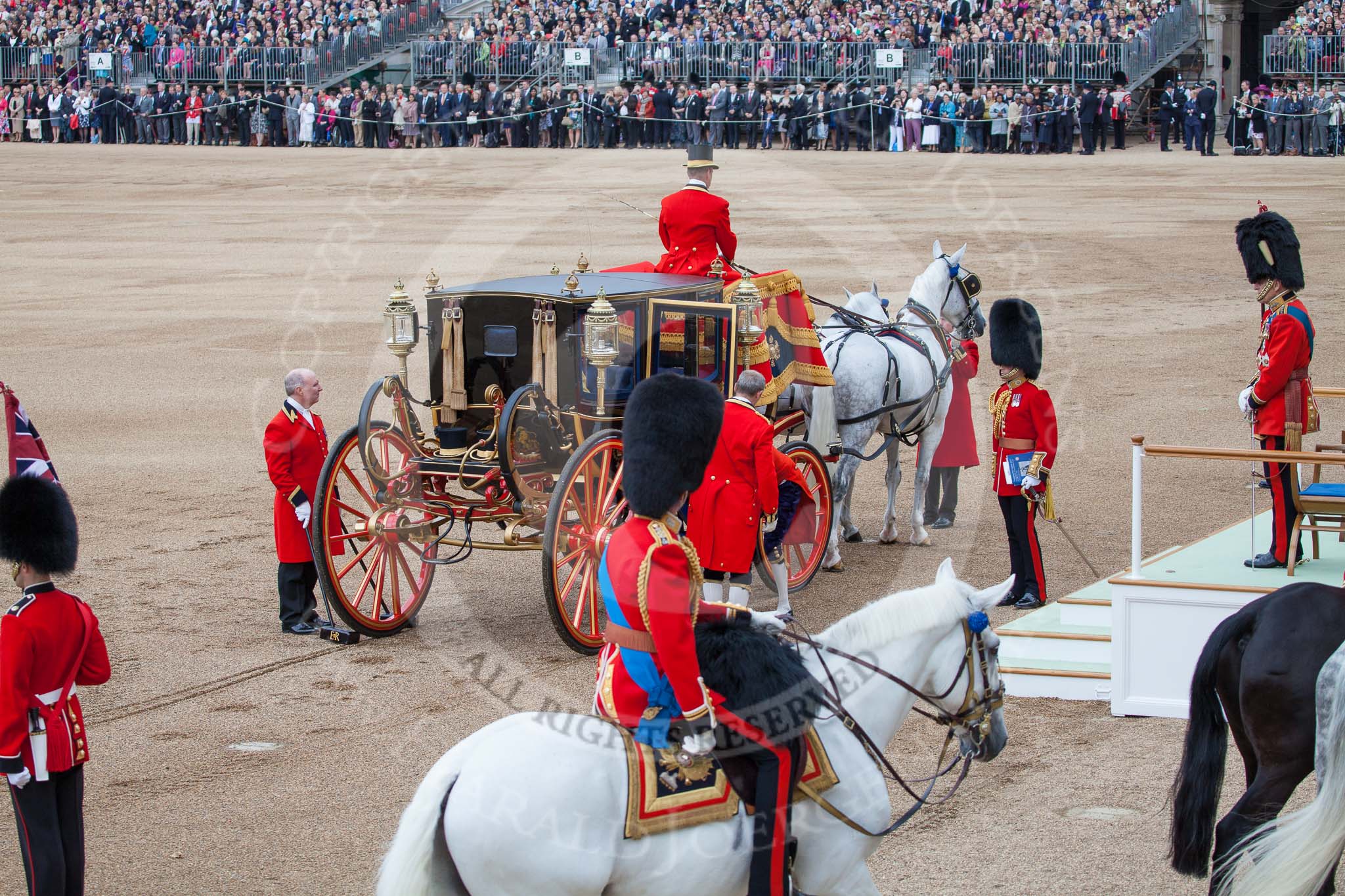 Photo 1206161108025D25987HaraldJoergens Trooping the Colour 2012: The Inspection of the Line is finished, and the Glass Coach carrying HM The Queen has returned to the saluting base..
Horse Guards Parade, Westminster,
London SW1,
United Kingdom,
on 16 June 2012 at 11:08, image #248